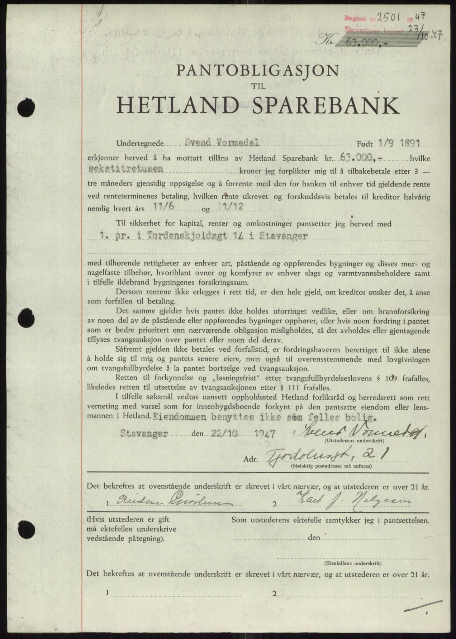 Stavanger byrett, SAST/A-100455/002/G/Gb/L0032: Mortgage book, 1947-1950, Diary no: : 2501/1947