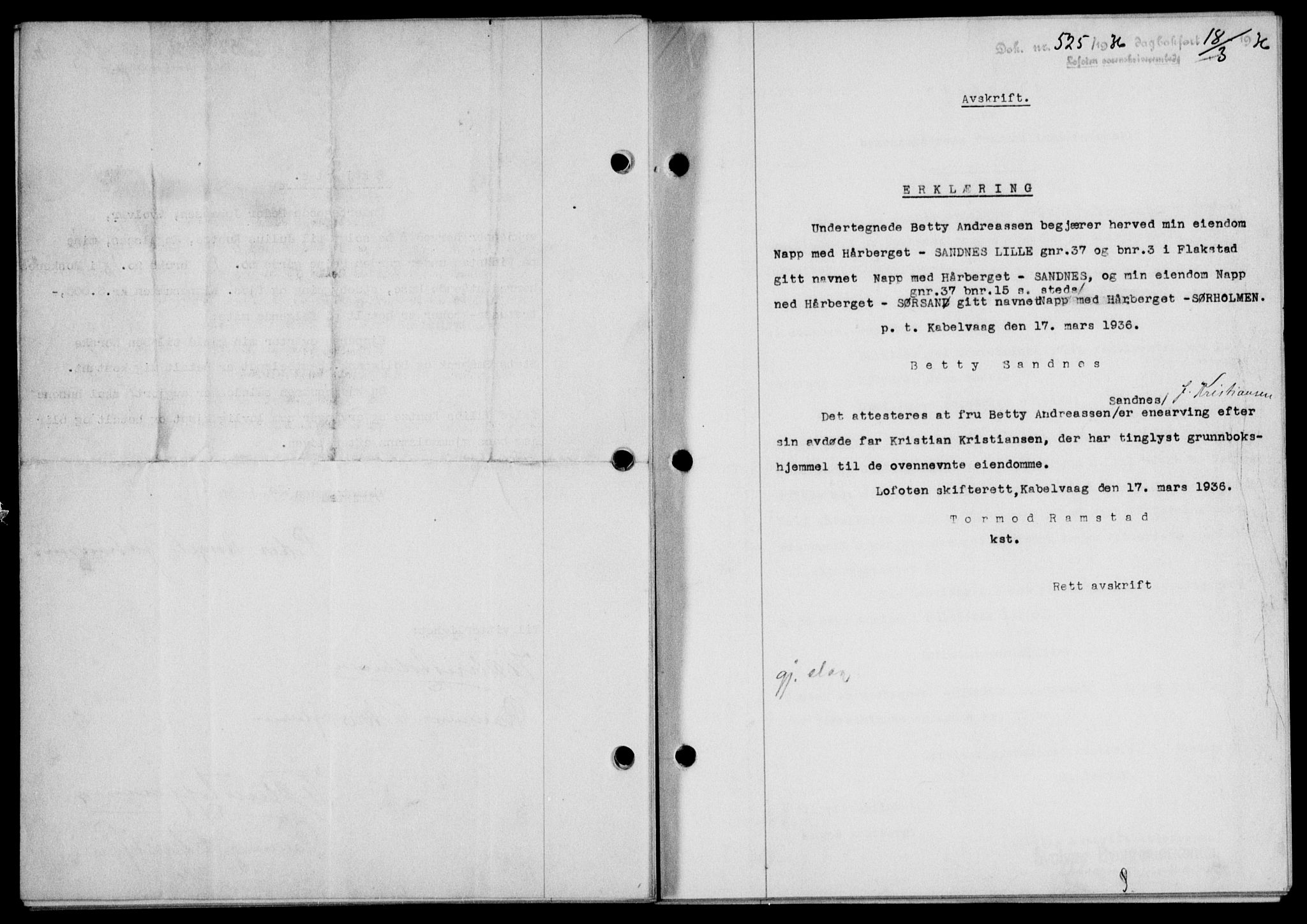 Lofoten sorenskriveri, SAT/A-0017/1/2/2C/L0033b: Mortgage book no. 33b, 1936-1936, Diary no: : 525/1936