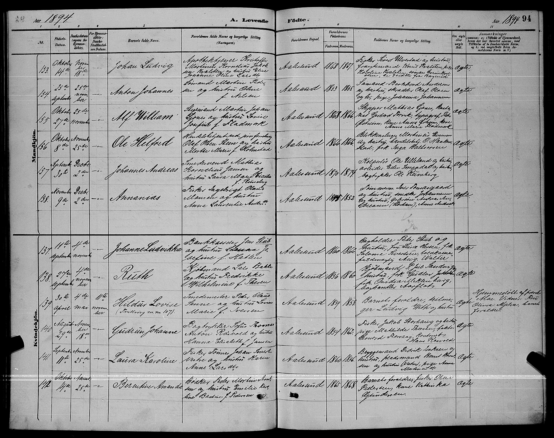 Ministerialprotokoller, klokkerbøker og fødselsregistre - Møre og Romsdal, AV/SAT-A-1454/529/L0467: Parish register (copy) no. 529C04, 1889-1897, p. 94