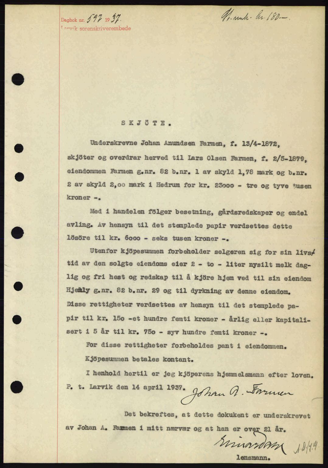 Larvik sorenskriveri, SAKO/A-83/G/Ga/Gab/L0067: Mortgage book no. A-1, 1936-1937, Diary no: : 597/1937