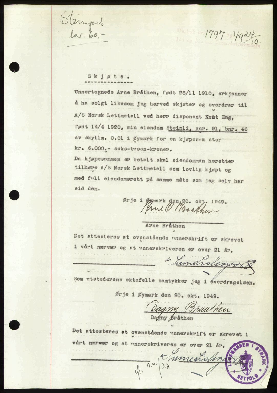 Idd og Marker sorenskriveri, AV/SAO-A-10283/G/Gb/Gbb/L0013: Mortgage book no. A13, 1949-1950, Diary no: : 1797/1949