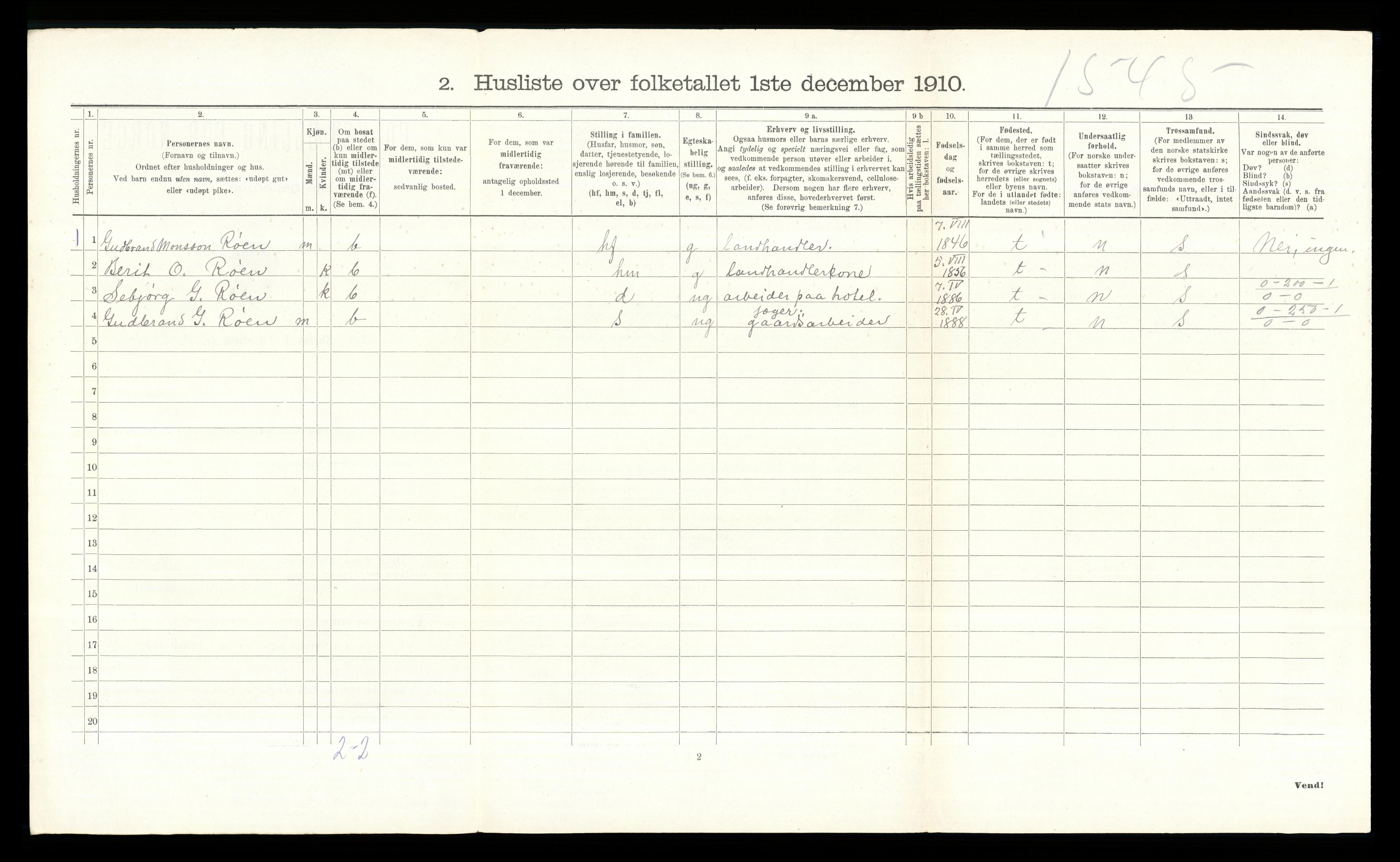 RA, 1910 census for Vestre Slidre, 1910, p. 228