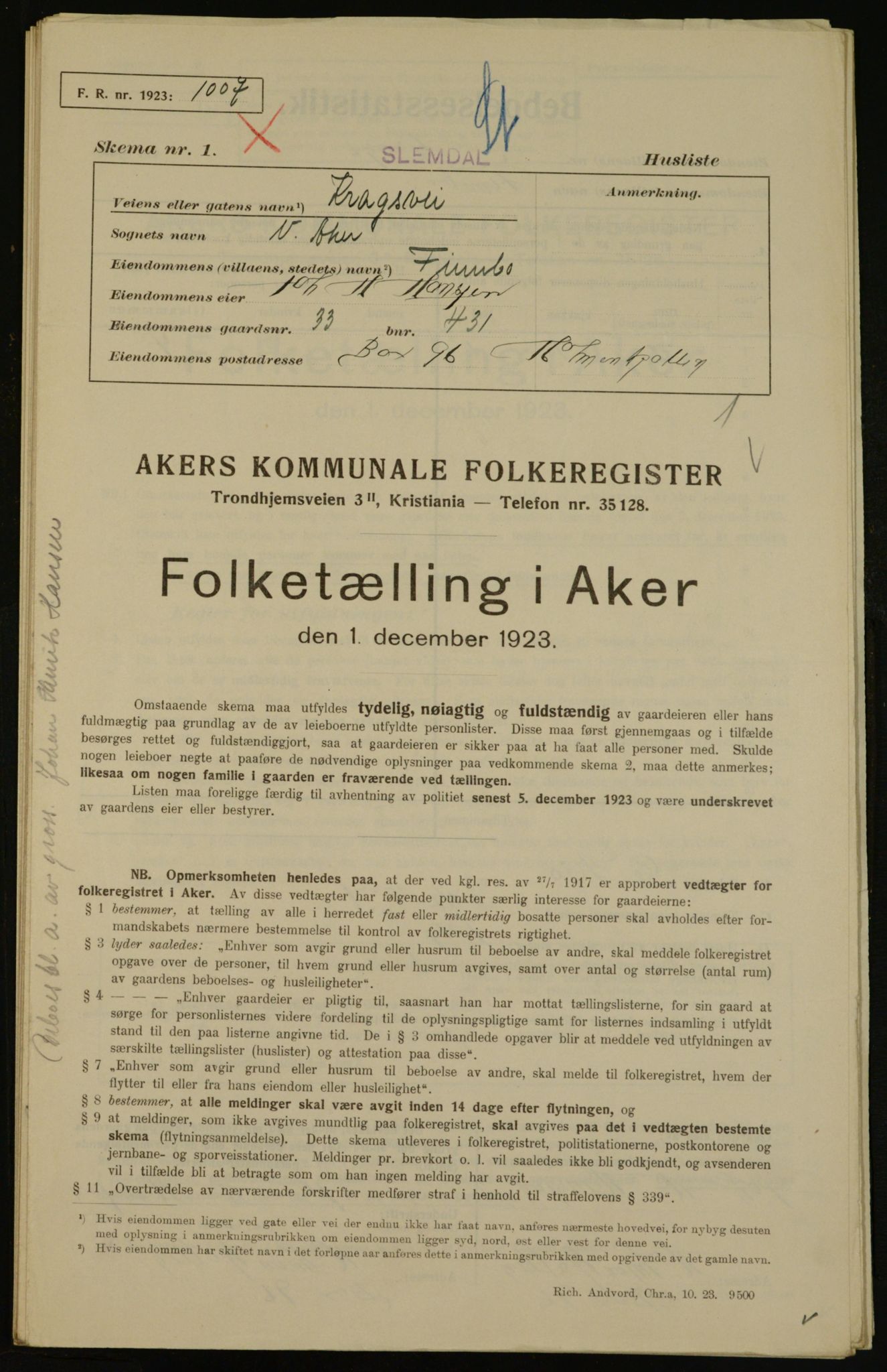 , Municipal Census 1923 for Aker, 1923, p. 14177