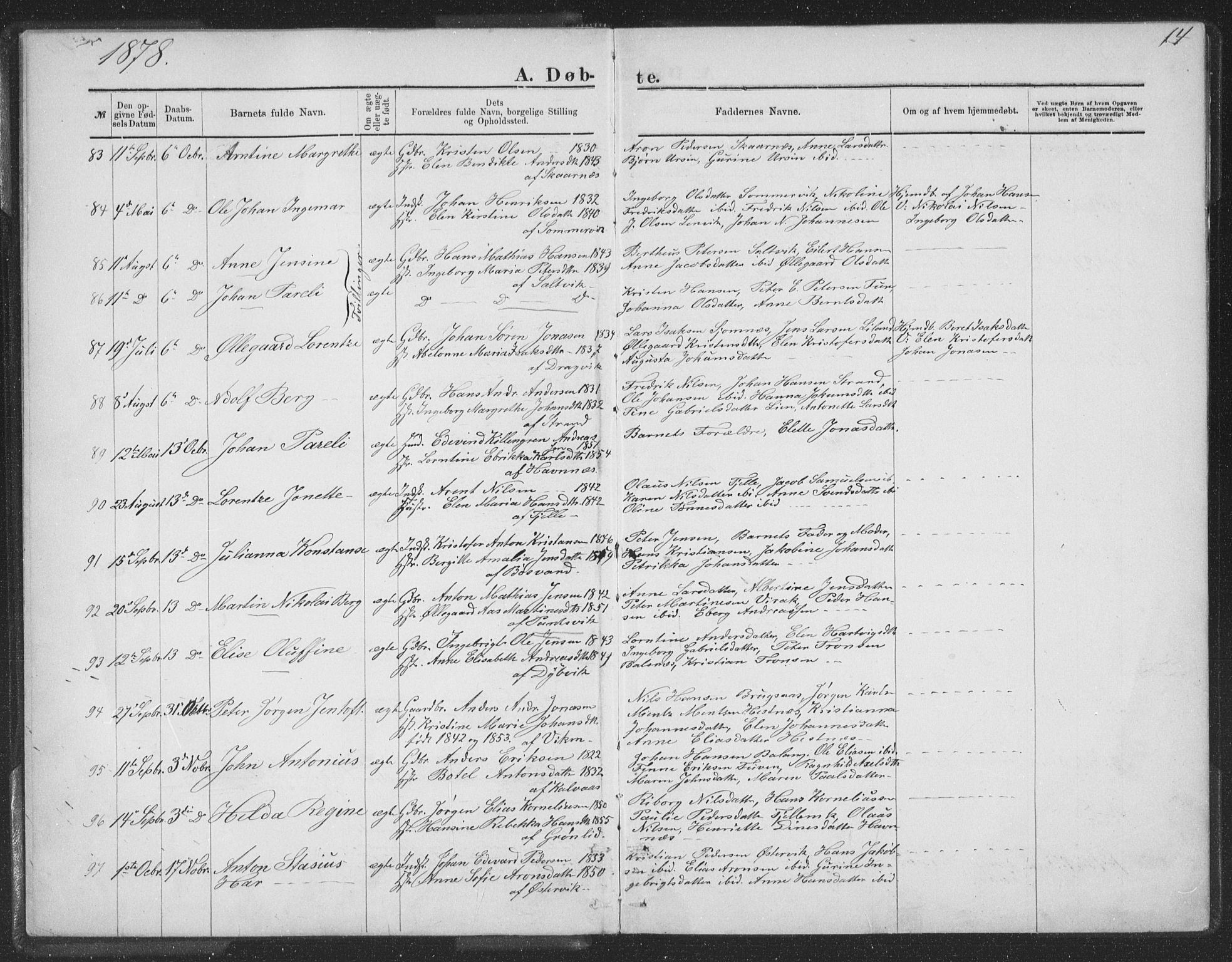 Ministerialprotokoller, klokkerbøker og fødselsregistre - Nordland, AV/SAT-A-1459/863/L0913: Parish register (copy) no. 863C03, 1877-1885, p. 14