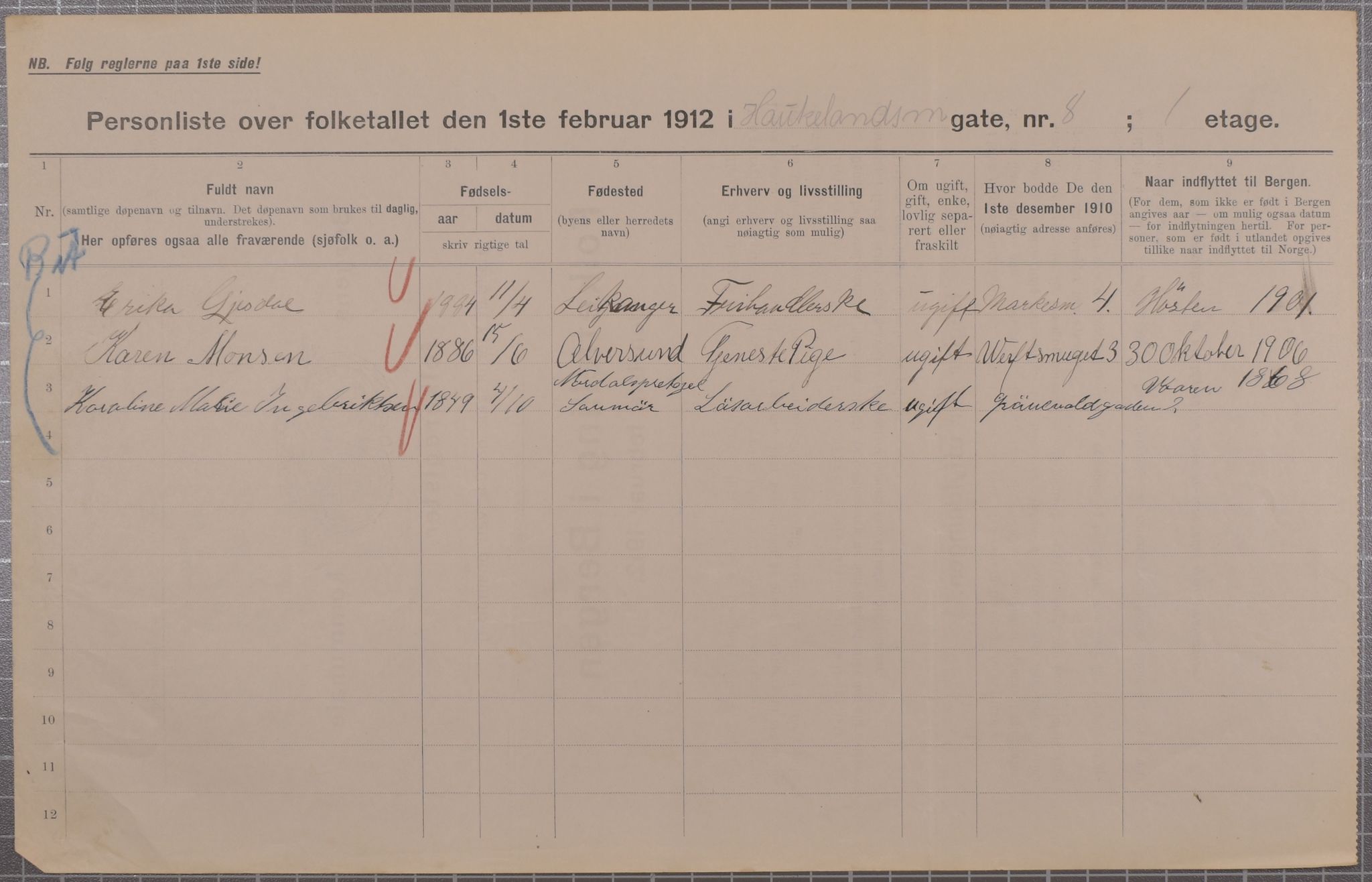 SAB, Municipal Census 1912 for Bergen, 1912, p. 1852