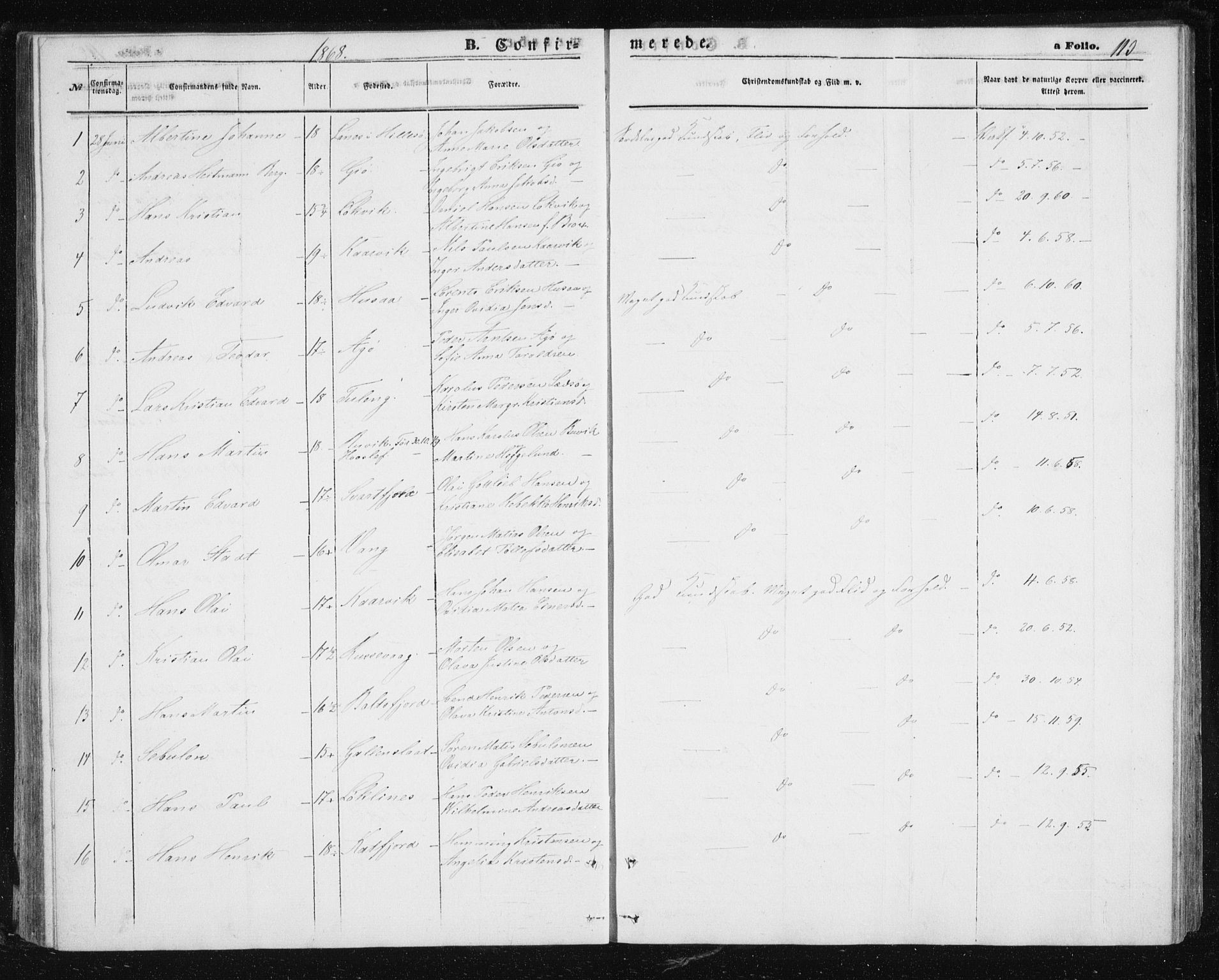 Lenvik sokneprestembete, SATØ/S-1310/H/Ha/Hab/L0004klokker: Parish register (copy) no. 4, 1859-1869, p. 113