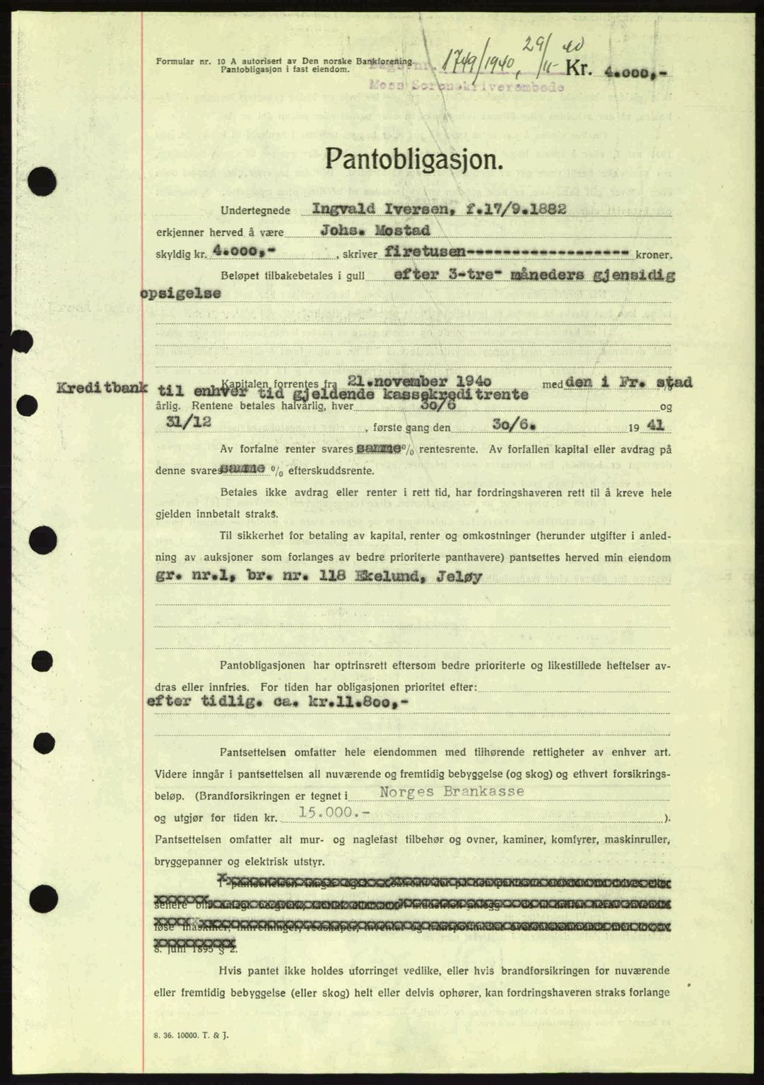 Moss sorenskriveri, SAO/A-10168: Mortgage book no. B10, 1940-1941, Diary no: : 1749/1940