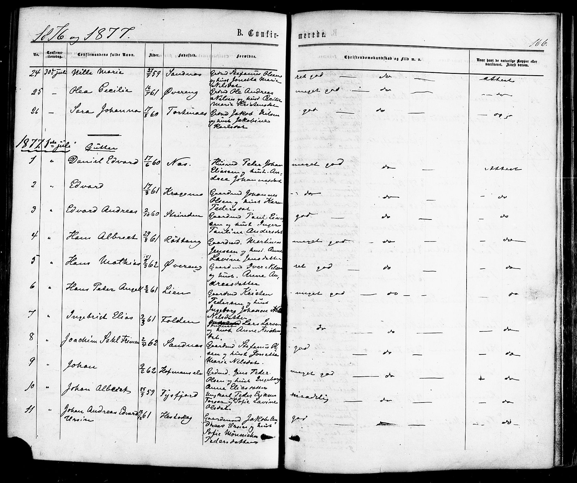 Ministerialprotokoller, klokkerbøker og fødselsregistre - Nordland, AV/SAT-A-1459/859/L0845: Parish register (official) no. 859A05, 1863-1877, p. 166