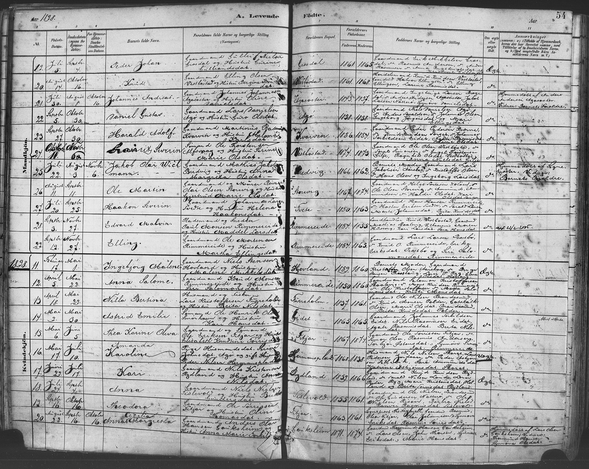 Fitjar sokneprestembete, AV/SAB-A-99926: Parish register (official) no. A 2, 1882-1899, p. 54