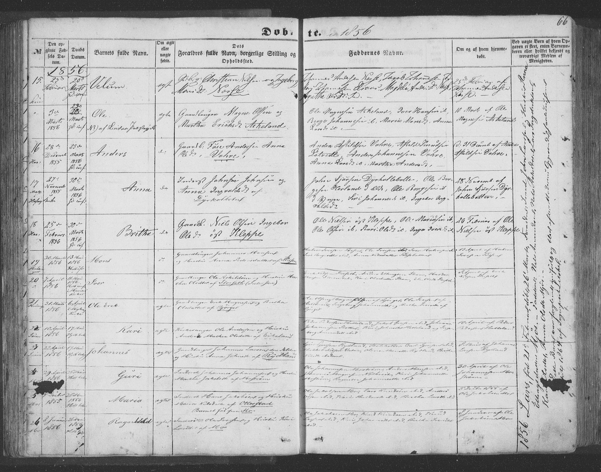 Hosanger sokneprestembete, SAB/A-75801/H/Haa: Parish register (official) no. A 8, 1849-1863, p. 66