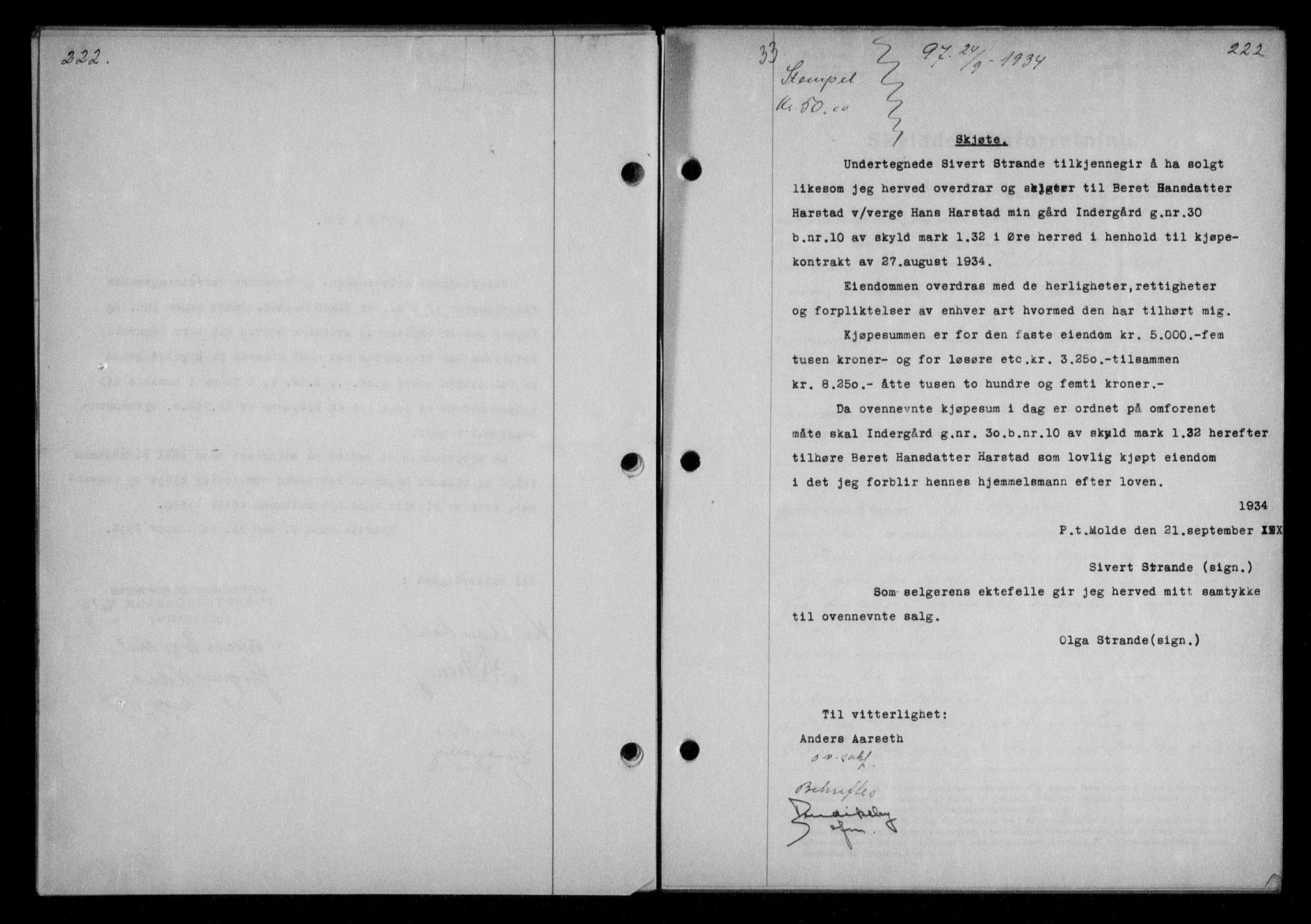 Nordmøre sorenskriveri, AV/SAT-A-4132/1/2/2Ca/L0082: Mortgage book no. 72, 1934-1934, Deed date: 24.09.1934