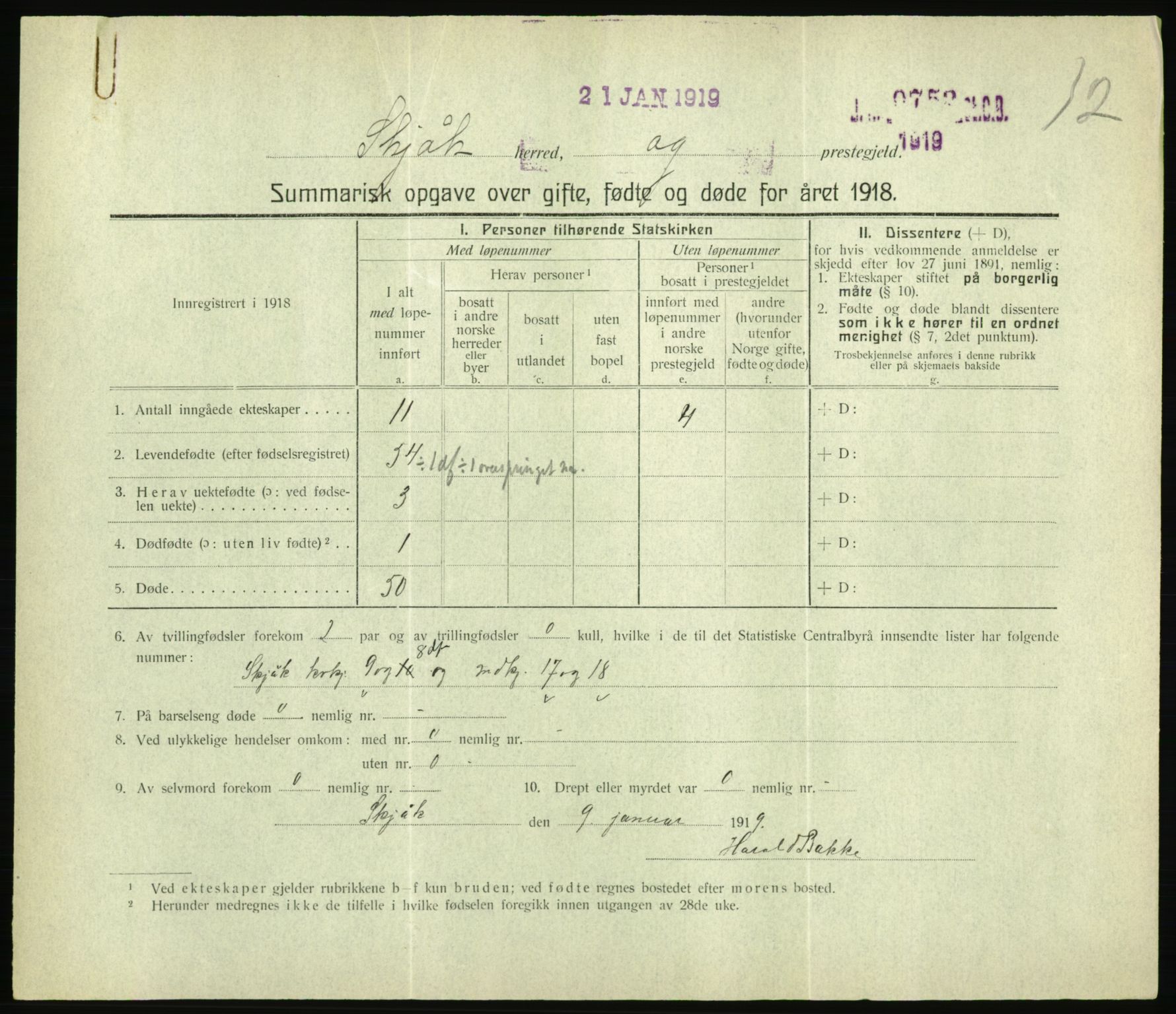 Statistisk sentralbyrå, Sosiodemografiske emner, Befolkning, RA/S-2228/D/Df/Dfb/Dfbh/L0059: Summariske oppgaver over gifte, fødte og døde for hele landet., 1918, p. 311