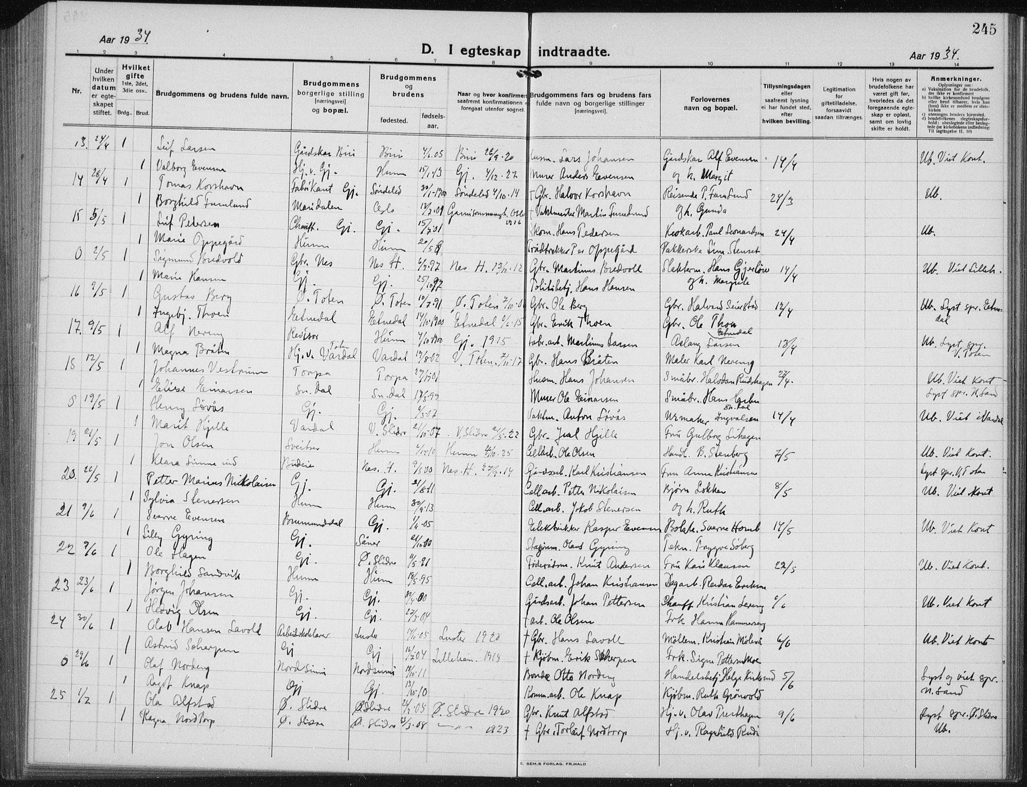 Vardal prestekontor, AV/SAH-PREST-100/H/Ha/Hab/L0017: Parish register (copy) no. 17, 1922-1941, p. 245