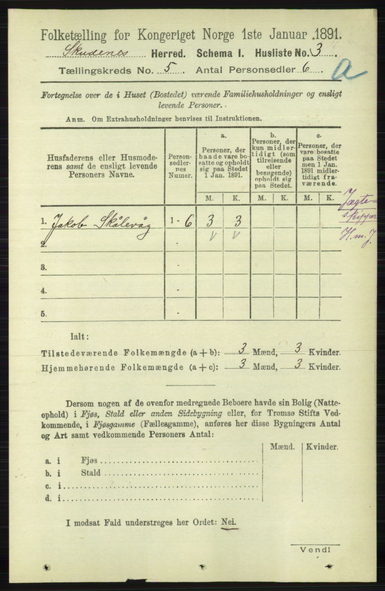 RA, 1891 census for 1150 Skudenes, 1891, p. 2457