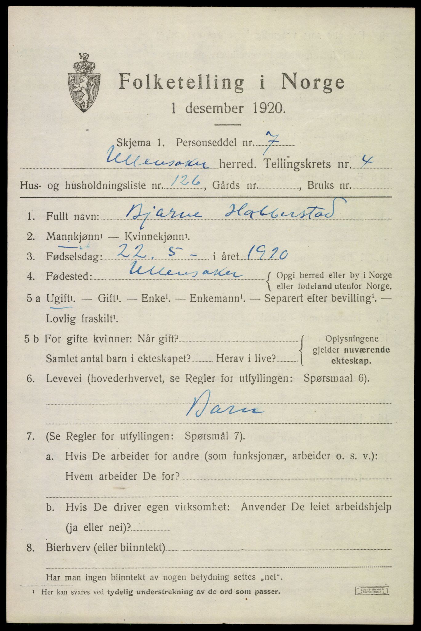 SAO, 1920 census for Ullensaker, 1920, p. 8805