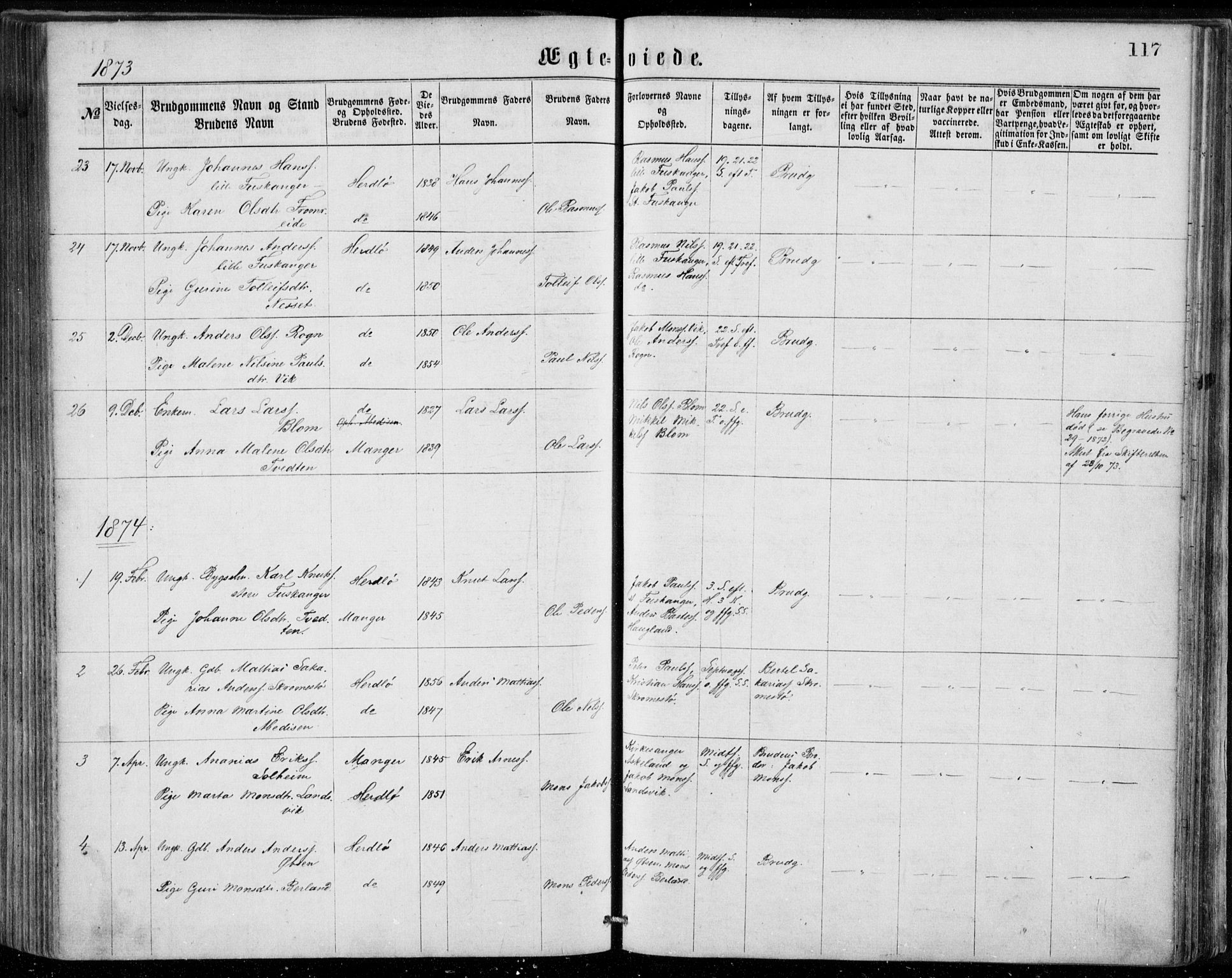 Herdla Sokneprestembete, AV/SAB-A-75701/H/Haa: Parish register (official) no. A 2, 1869-1877, p. 117