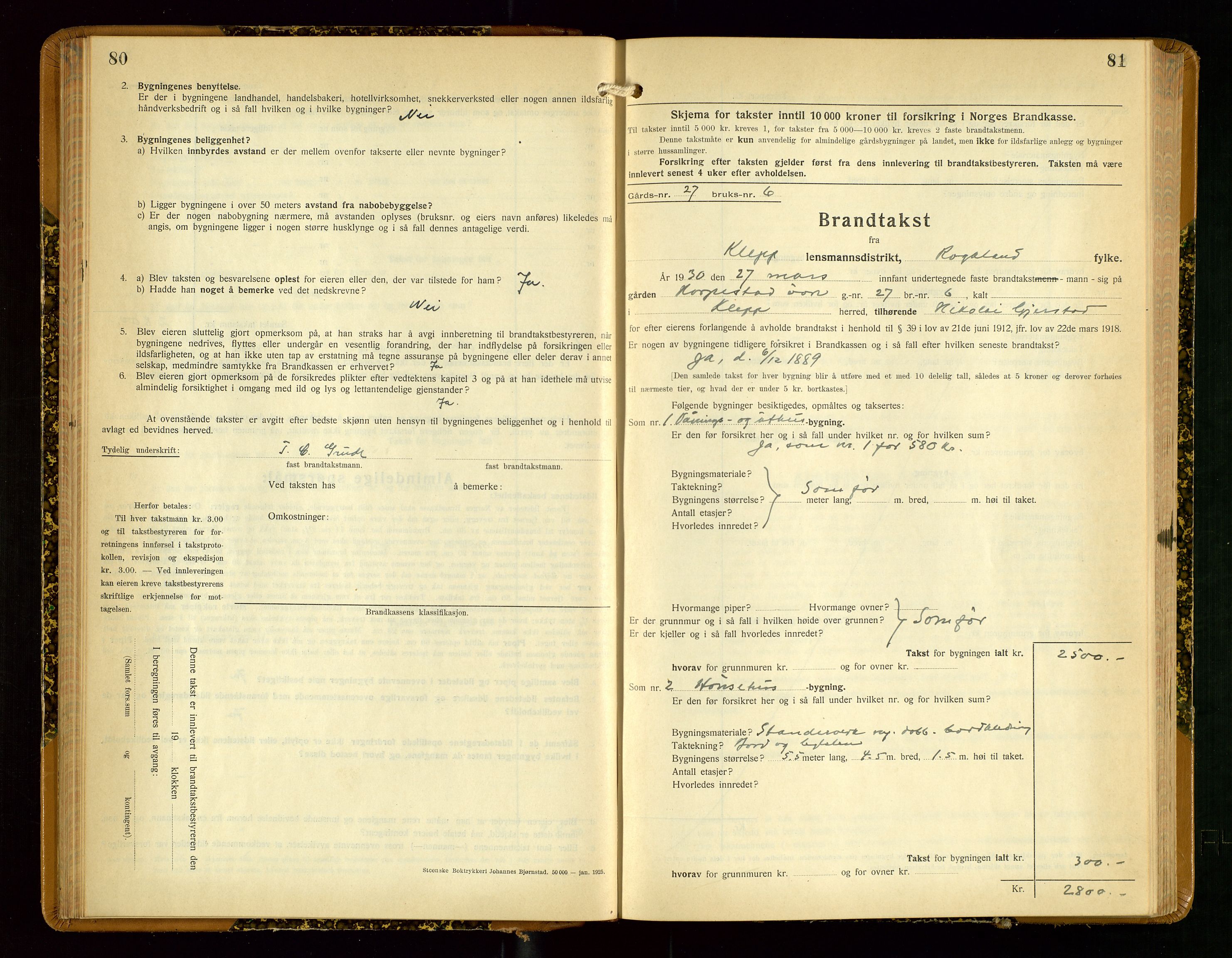 Klepp lensmannskontor, AV/SAST-A-100163/Goc/L0012: "Brandtakstprotokoll" m/register, 1929-1933, p. 80-81