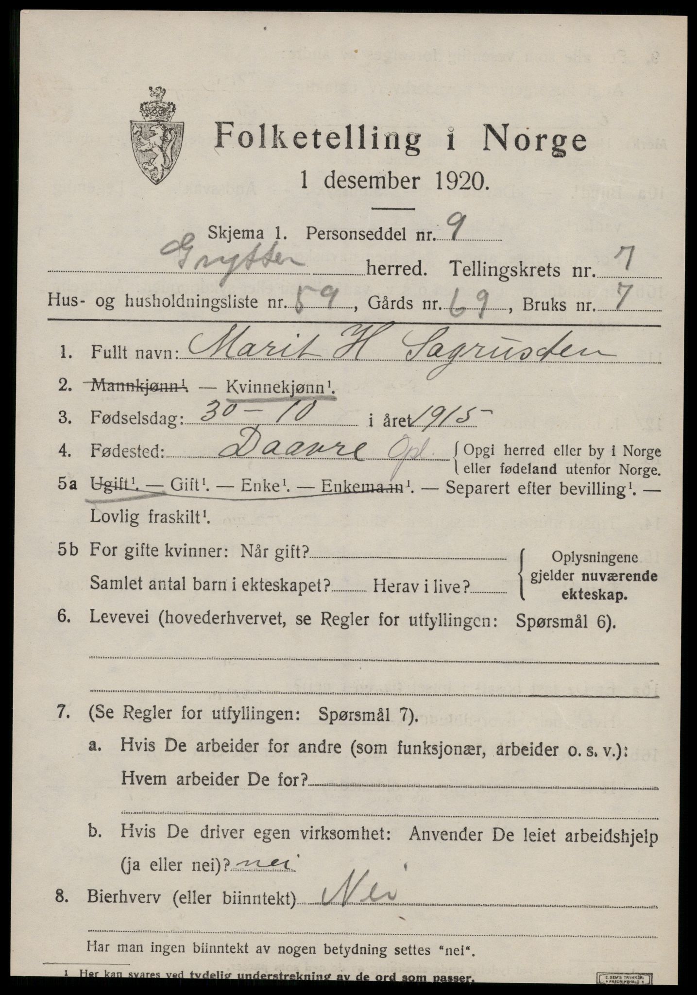 SAT, 1920 census for Grytten, 1920, p. 5822