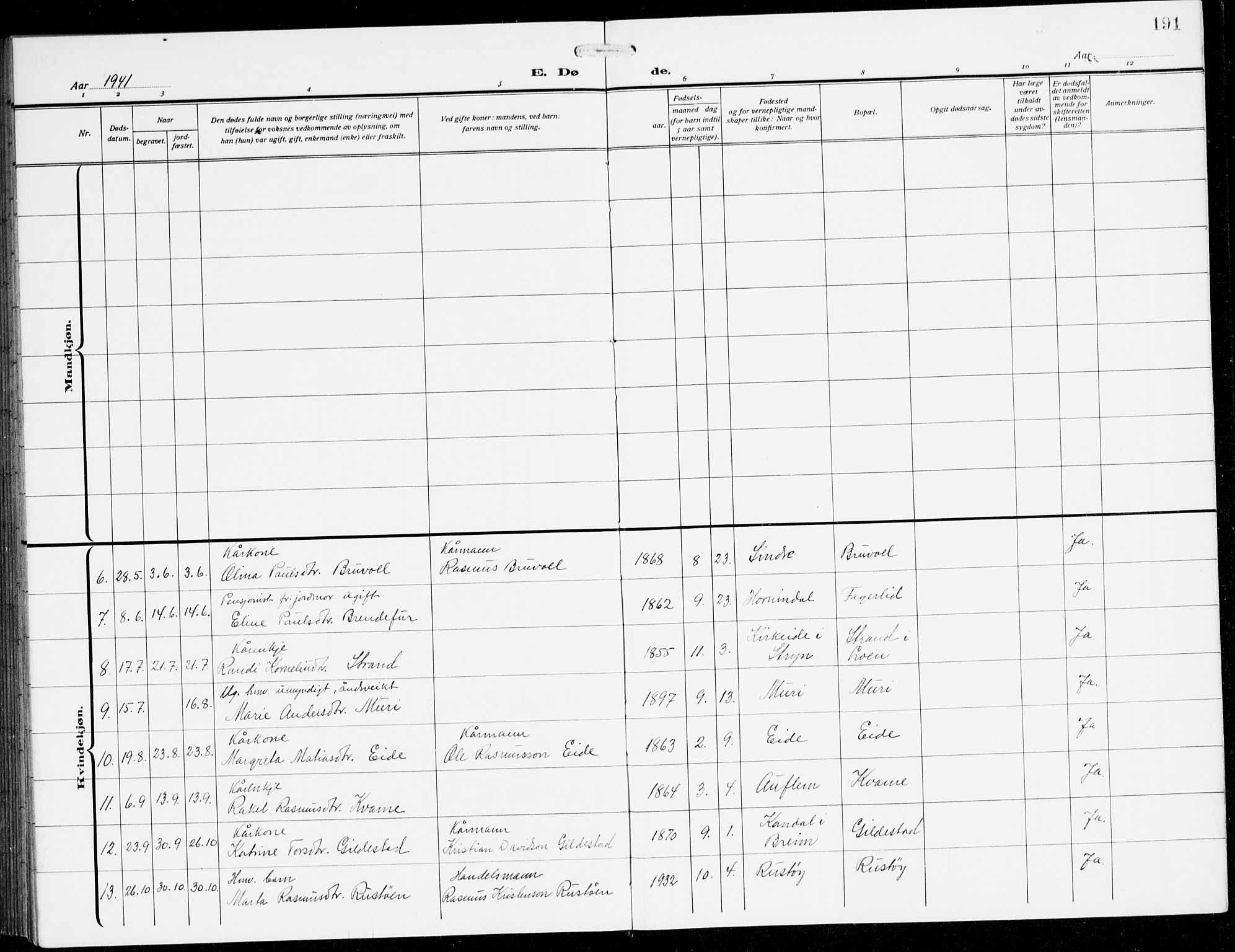 Innvik sokneprestembete, AV/SAB-A-80501: Parish register (copy) no. B 5, 1915-1943, p. 191