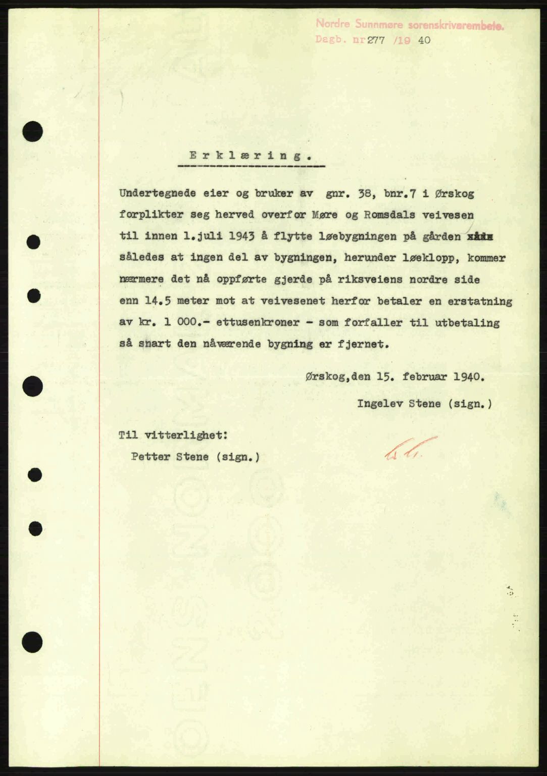 Nordre Sunnmøre sorenskriveri, SAT/A-0006/1/2/2C/2Ca: Mortgage book no. B1-6, 1938-1942, Diary no: : 277/1940