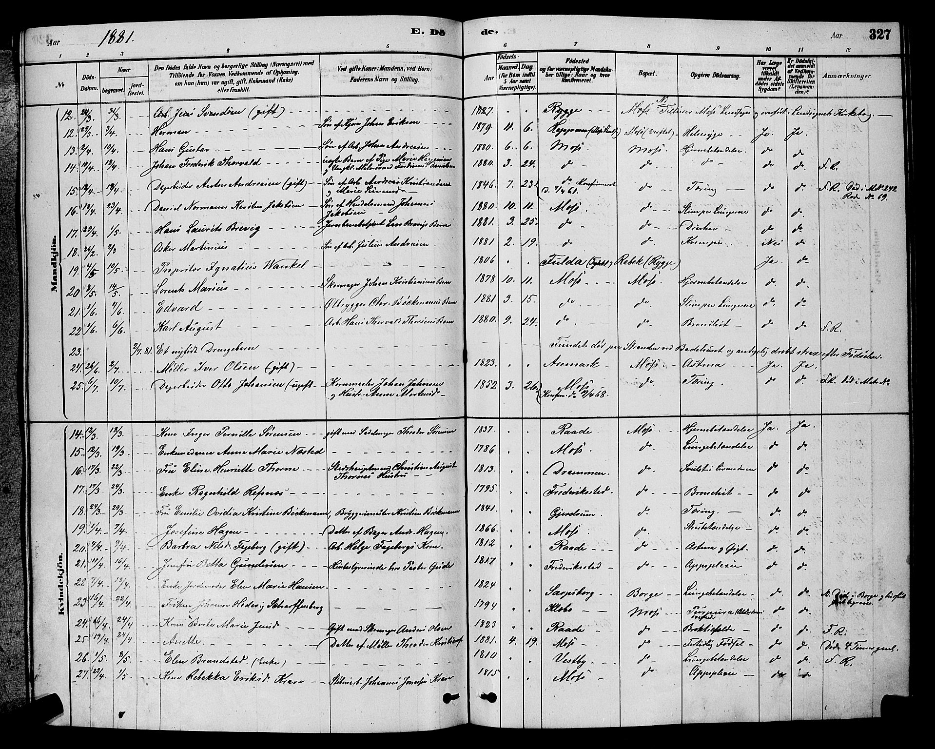 Moss prestekontor Kirkebøker, SAO/A-2003/G/Ga/L0005: Parish register (copy) no. I 5, 1878-1888, p. 327