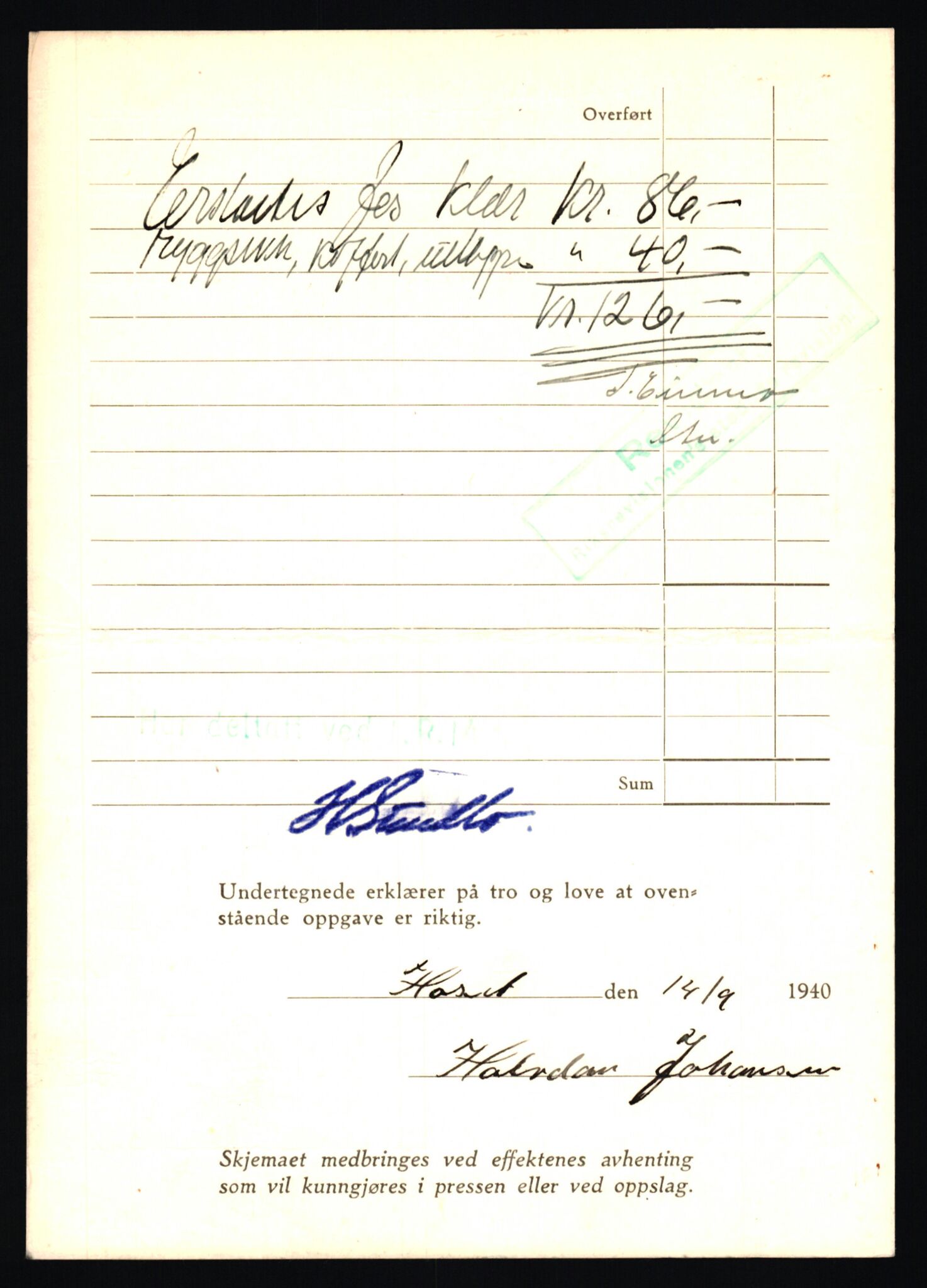 Justisdepartementet, Oppgjørsavdelingen, AV/RA-S-1056/G/Gb/L0040: Oppgaver over ettersøkte sivile effekter. Johansen, Halfdan - Johansen, Åsmund, 1940-1942, p. 6