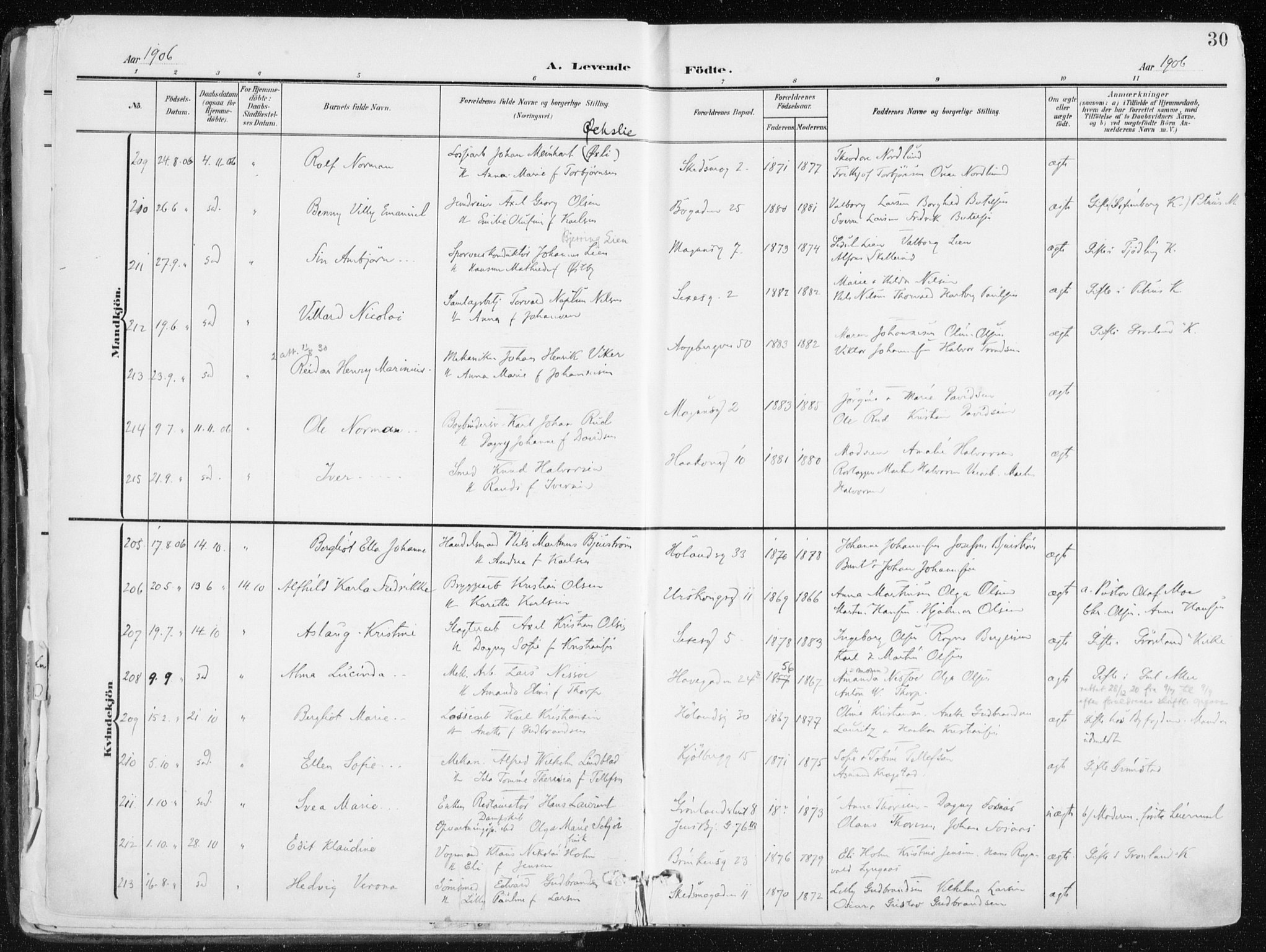 Kampen prestekontor Kirkebøker, AV/SAO-A-10853/F/Fa/L0010: Parish register (official) no. I 10, 1905-1917, p. 30