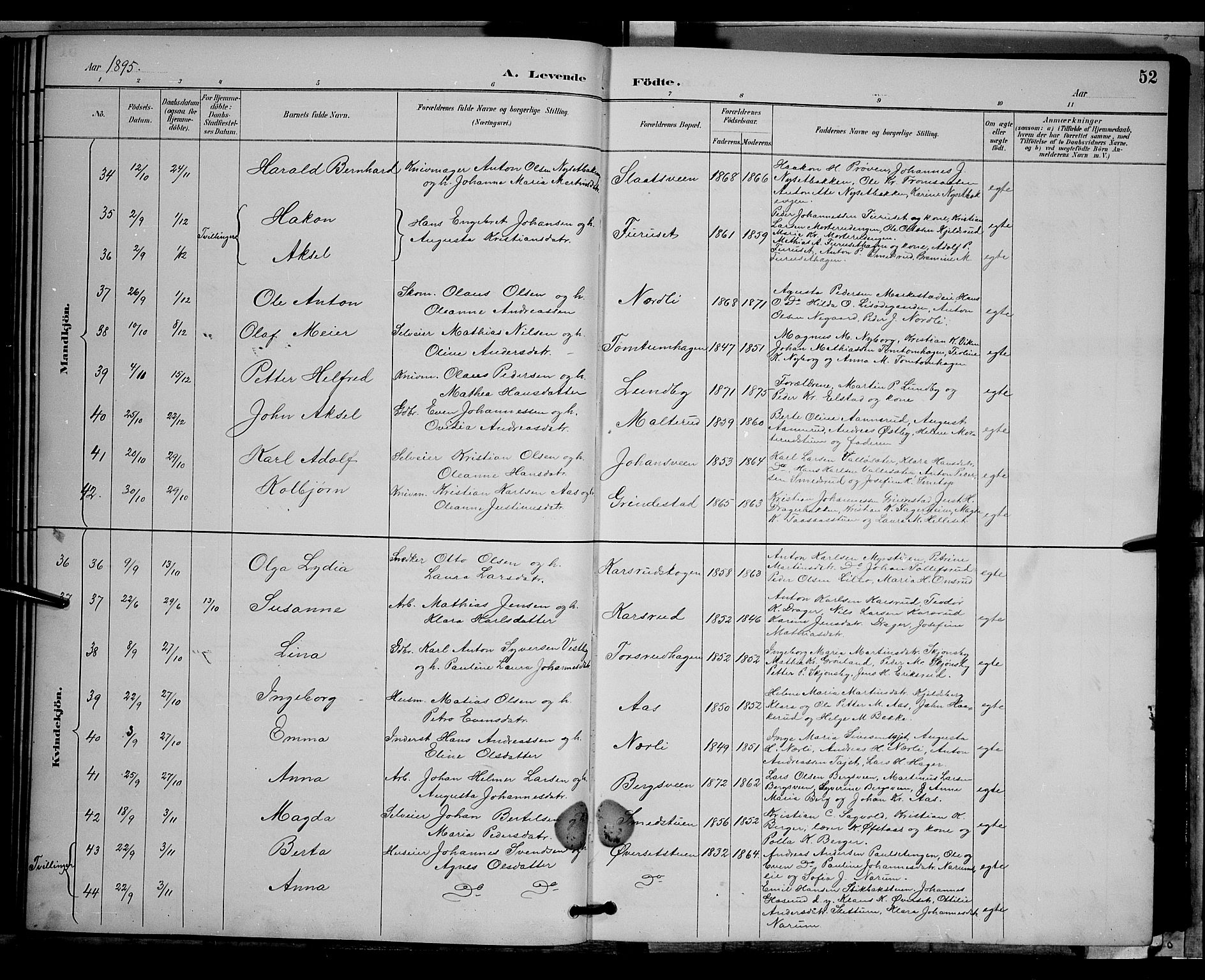 Vestre Toten prestekontor, SAH/PREST-108/H/Ha/Hab/L0009: Parish register (copy) no. 9, 1888-1900, p. 52