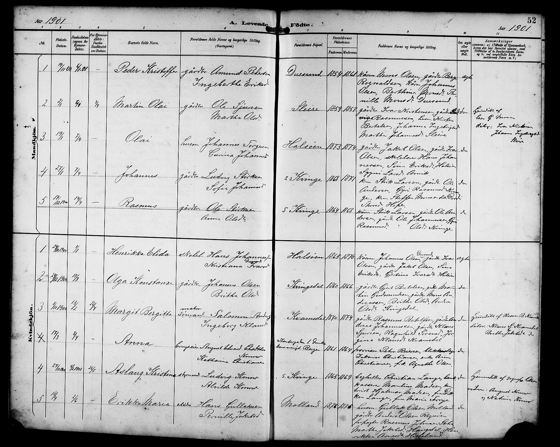 Masfjorden Sokneprestembete, SAB/A-77001: Parish register (copy) no. B 1, 1892-1913, p. 52
