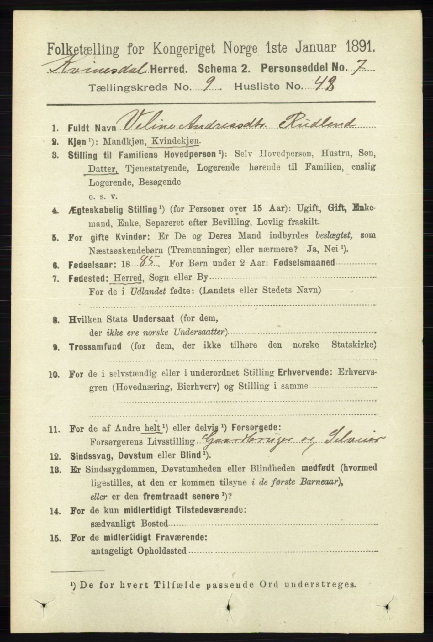 RA, 1891 census for 1037 Kvinesdal, 1891, p. 3549