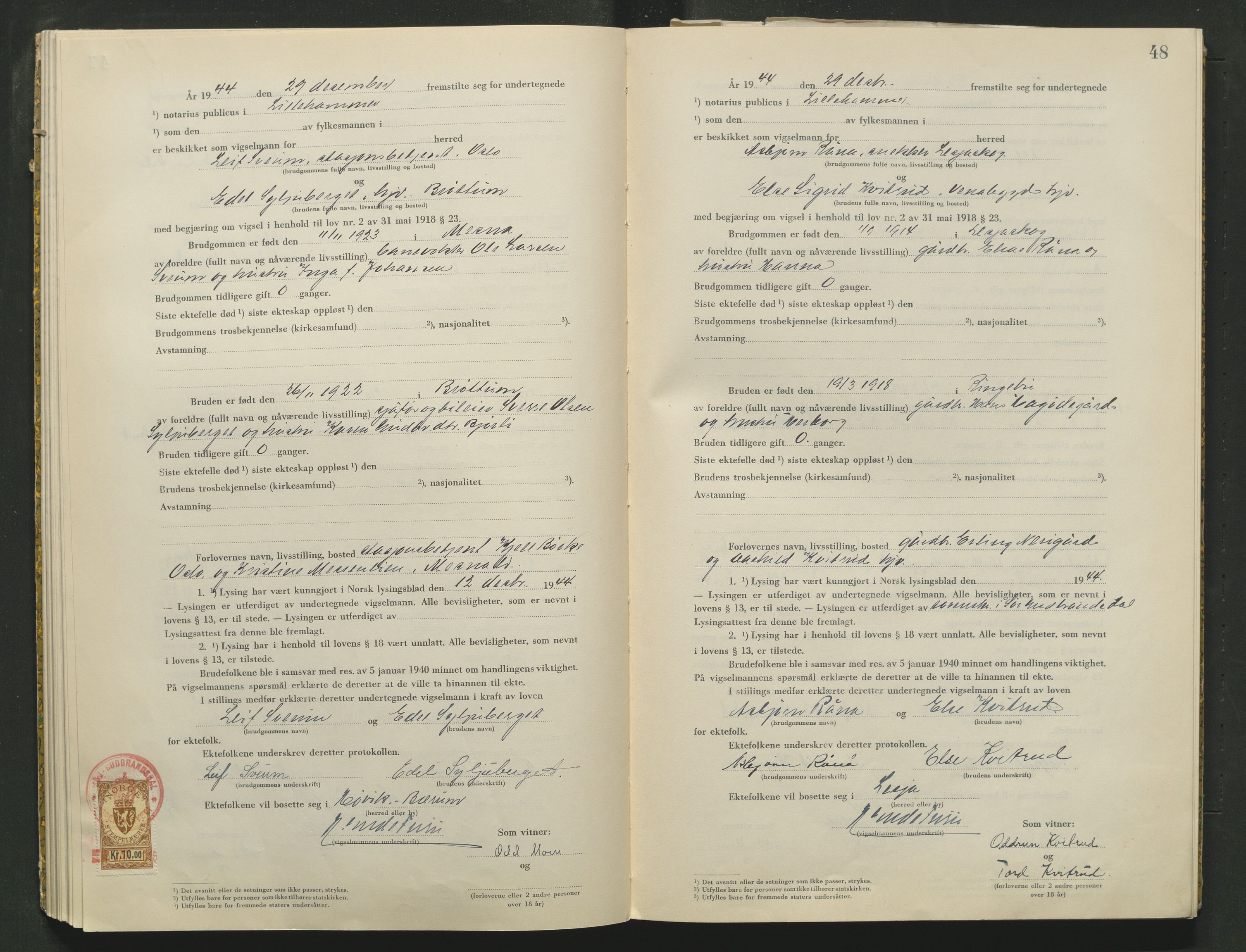 Sør-Gudbrandsdal tingrett, AV/SAH-TING-004/L/Lc/L0005: Vigselsprotokoll, 1944-1946, p. 48