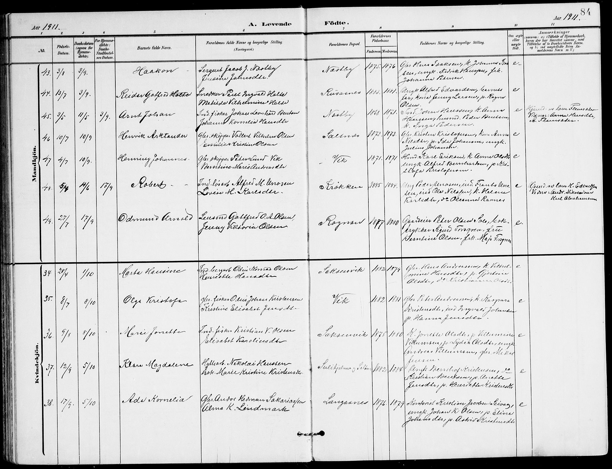 Ministerialprotokoller, klokkerbøker og fødselsregistre - Nordland, AV/SAT-A-1459/847/L0672: Parish register (official) no. 847A12, 1902-1919, p. 84