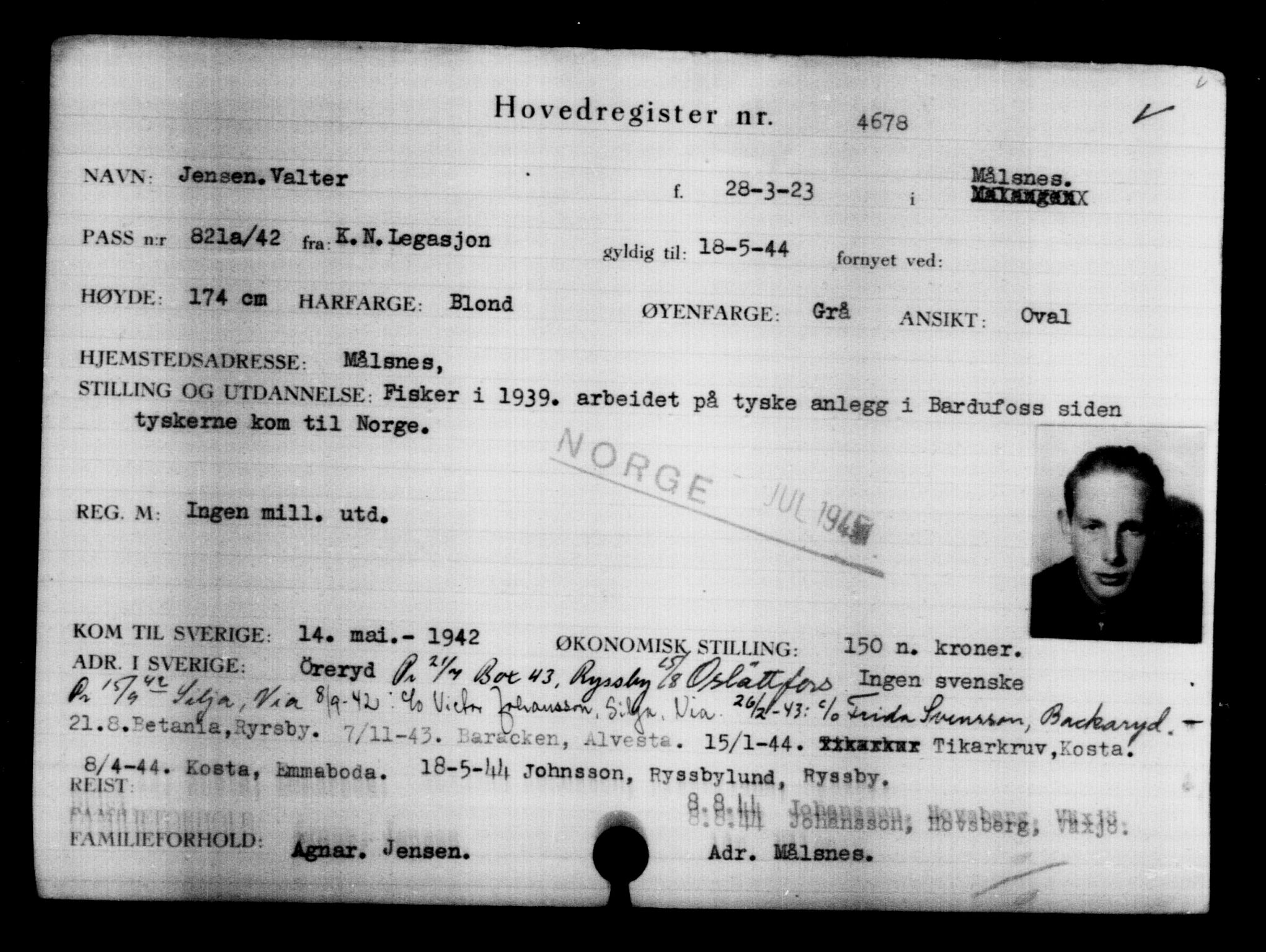 Utenriksstasjonene, Legasjonen i Stockholm, Flyktningkontoret, AV/RA-S-6753/V/Va/L0004: Kjesäterkartoteket, flyktninger med registreringsnr. 3496-6610, 1940-1945, p. 1396