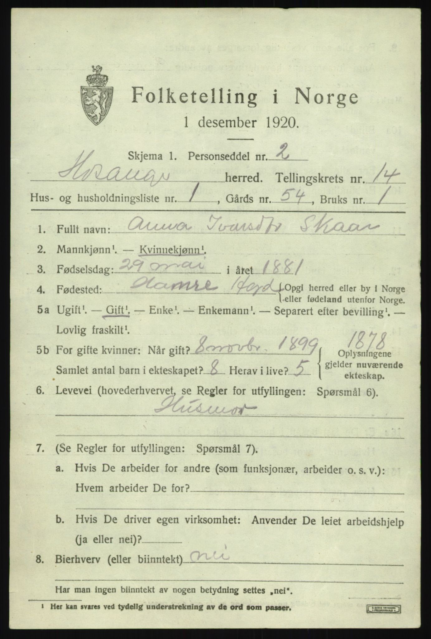 SAB, 1920 census for Hosanger, 1920, p. 5421