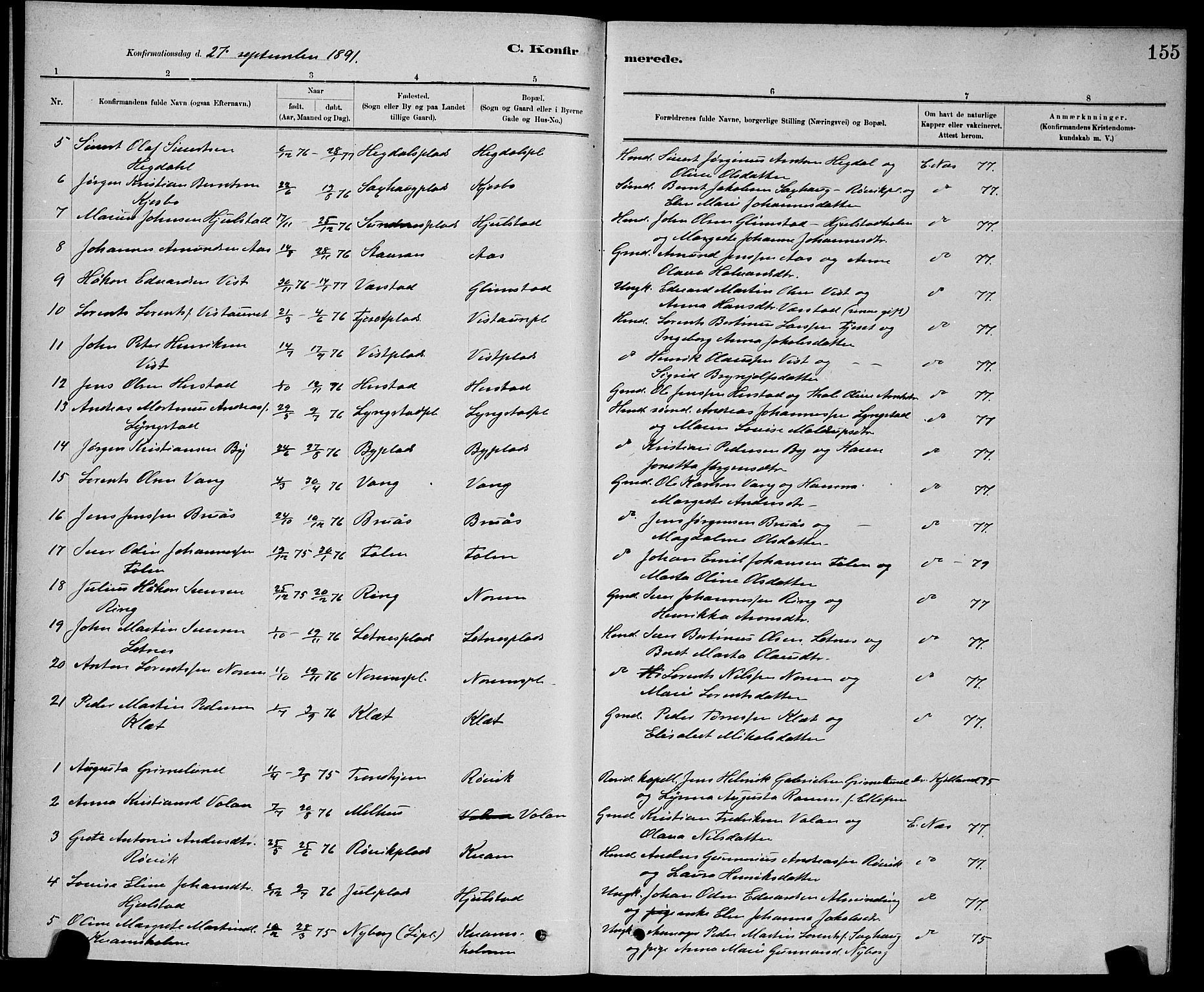 Ministerialprotokoller, klokkerbøker og fødselsregistre - Nord-Trøndelag, SAT/A-1458/730/L0301: Parish register (copy) no. 730C04, 1880-1897, p. 155