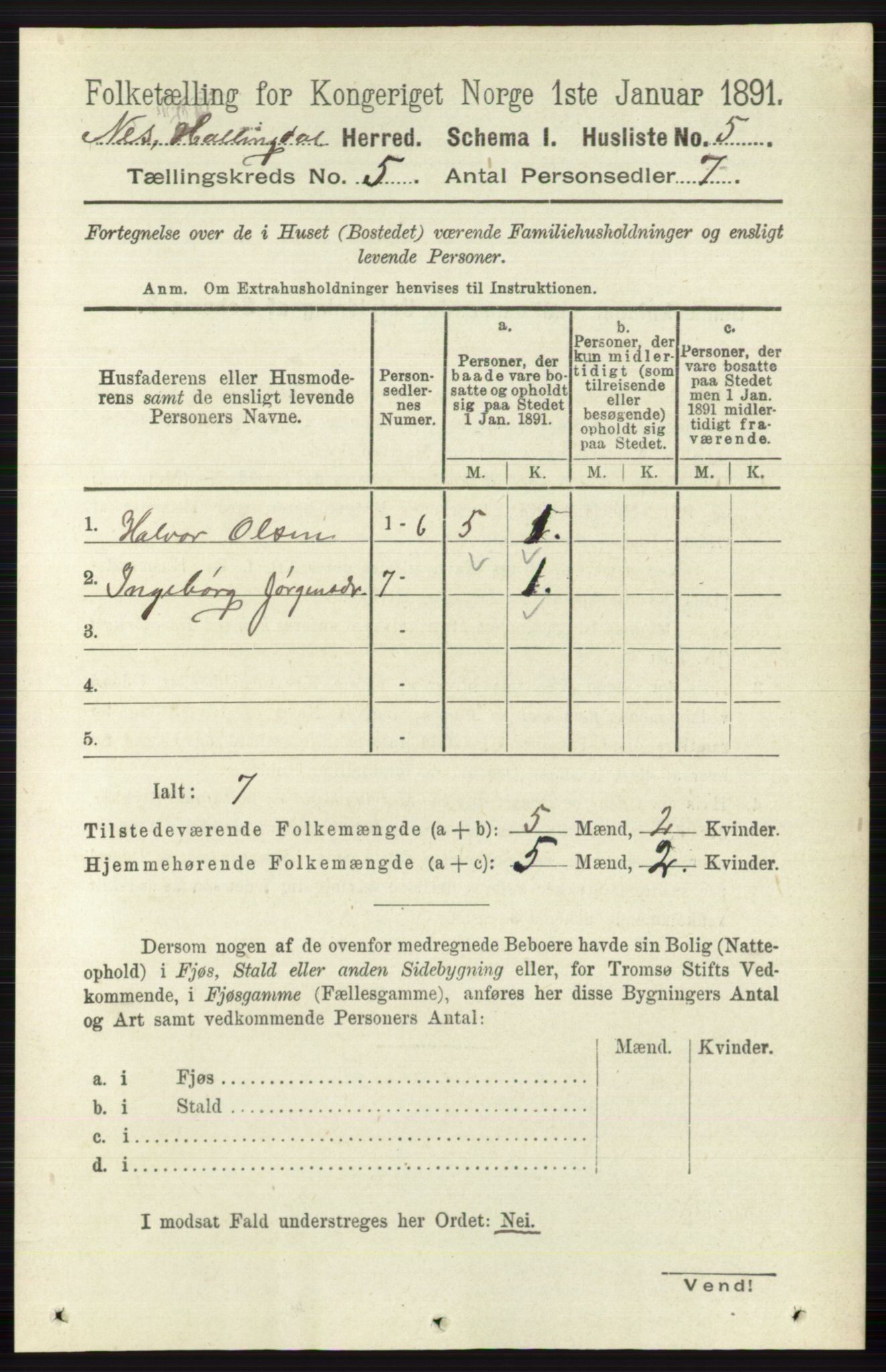 RA, 1891 census for 0616 Nes, 1891, p. 2578