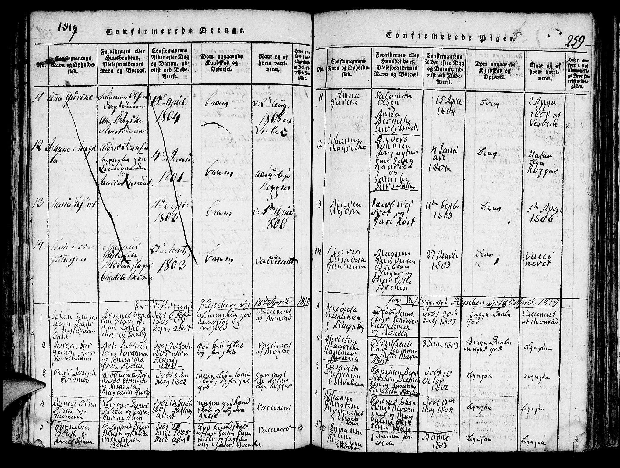 Domkirken sokneprestembete, AV/SAB-A-74801/H/Hab/L0001: Parish register (copy) no. A 1, 1816-1821, p. 259