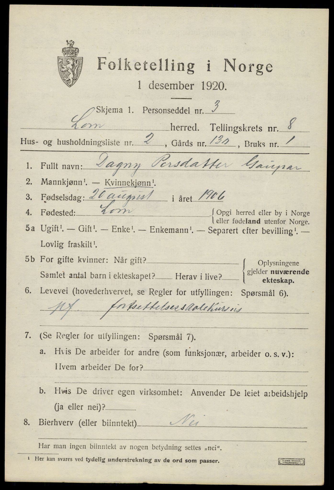 SAH, 1920 census for Lom, 1920, p. 4762