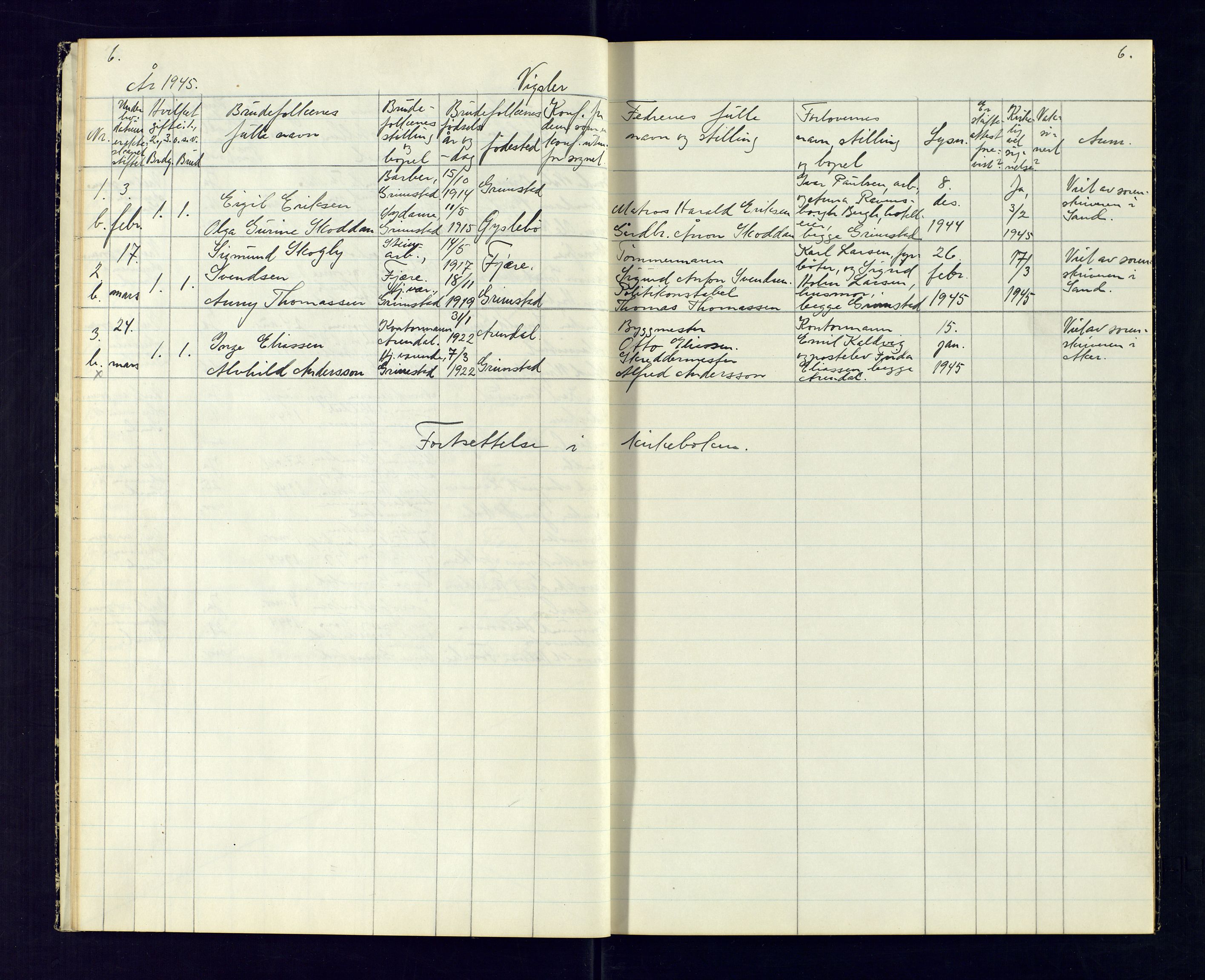 Grimstad sokneprestkontor, AV/SAK-1111-0017/J/Jb/L0005: Marriage register no. II.6.5, 1942-1945, p. 6