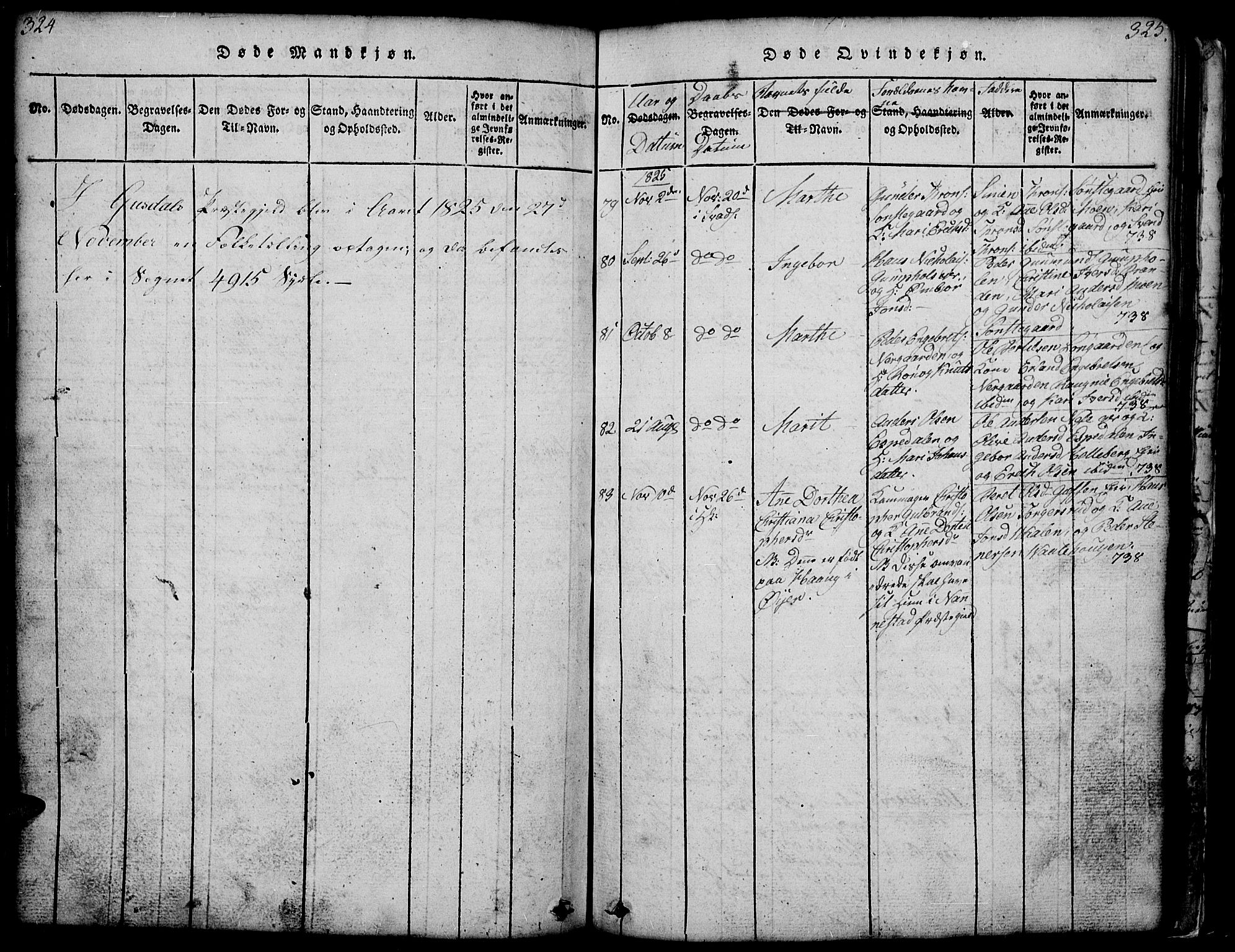 Gausdal prestekontor, SAH/PREST-090/H/Ha/Hab/L0001: Parish register (copy) no. 1, 1817-1848, p. 324-325