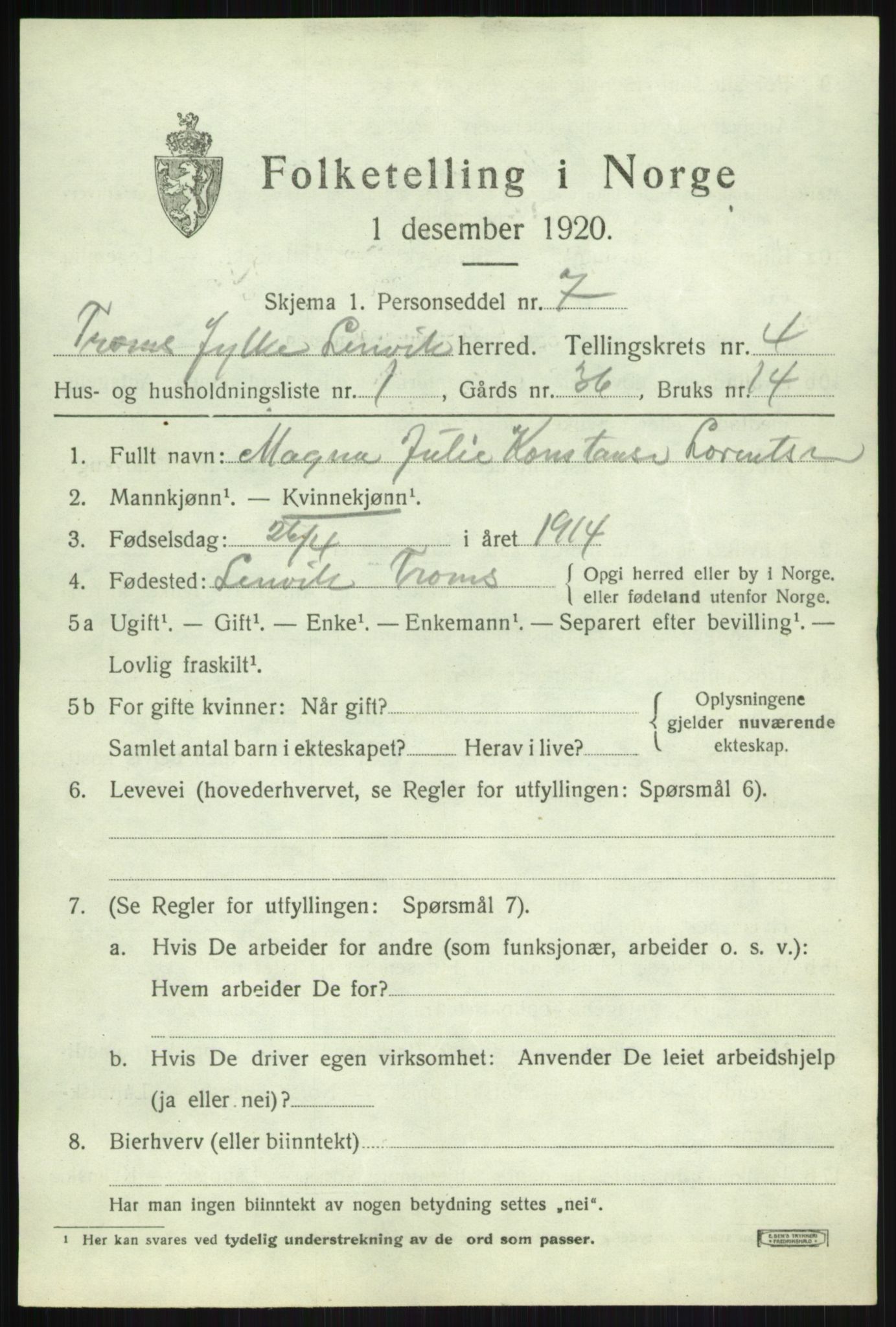 SATØ, 1920 census for Lenvik, 1920, p. 5658