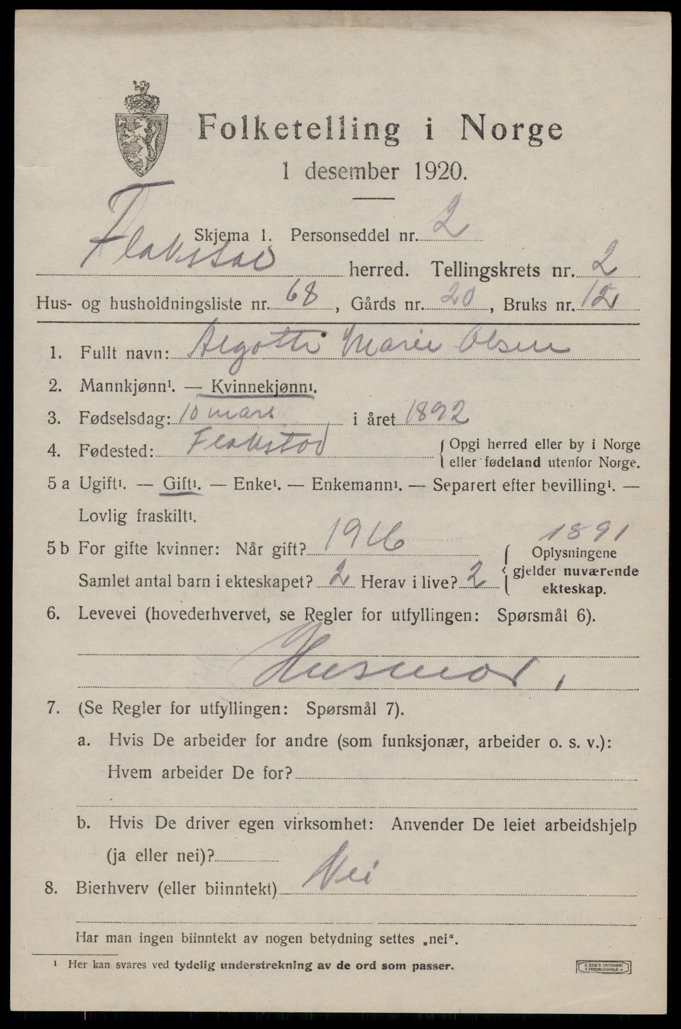 SAT, 1920 census for Flakstad, 1920, p. 2137