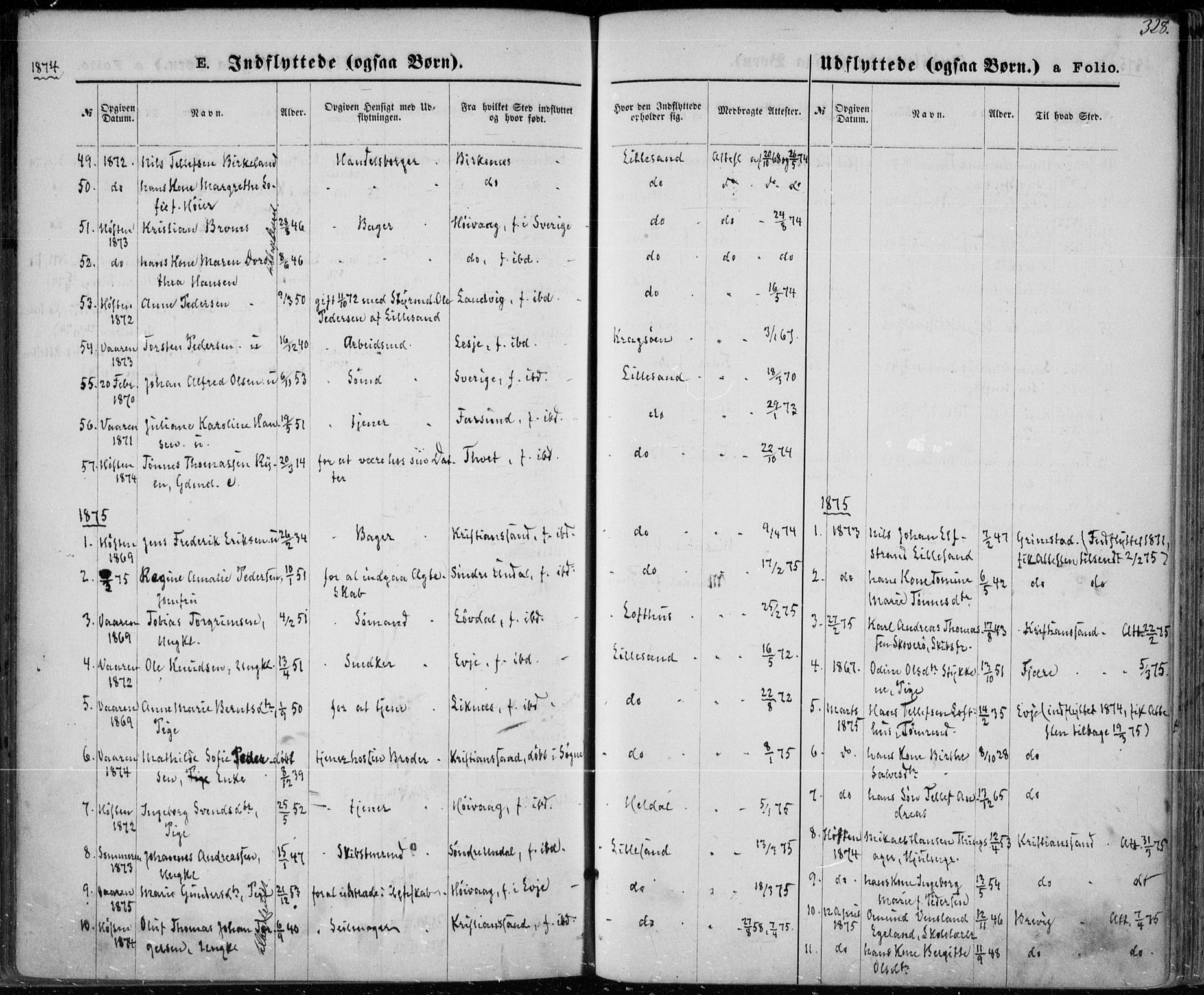 Vestre Moland sokneprestkontor, SAK/1111-0046/F/Fa/Fab/L0008: Parish register (official) no. A 8, 1873-1883, p. 328