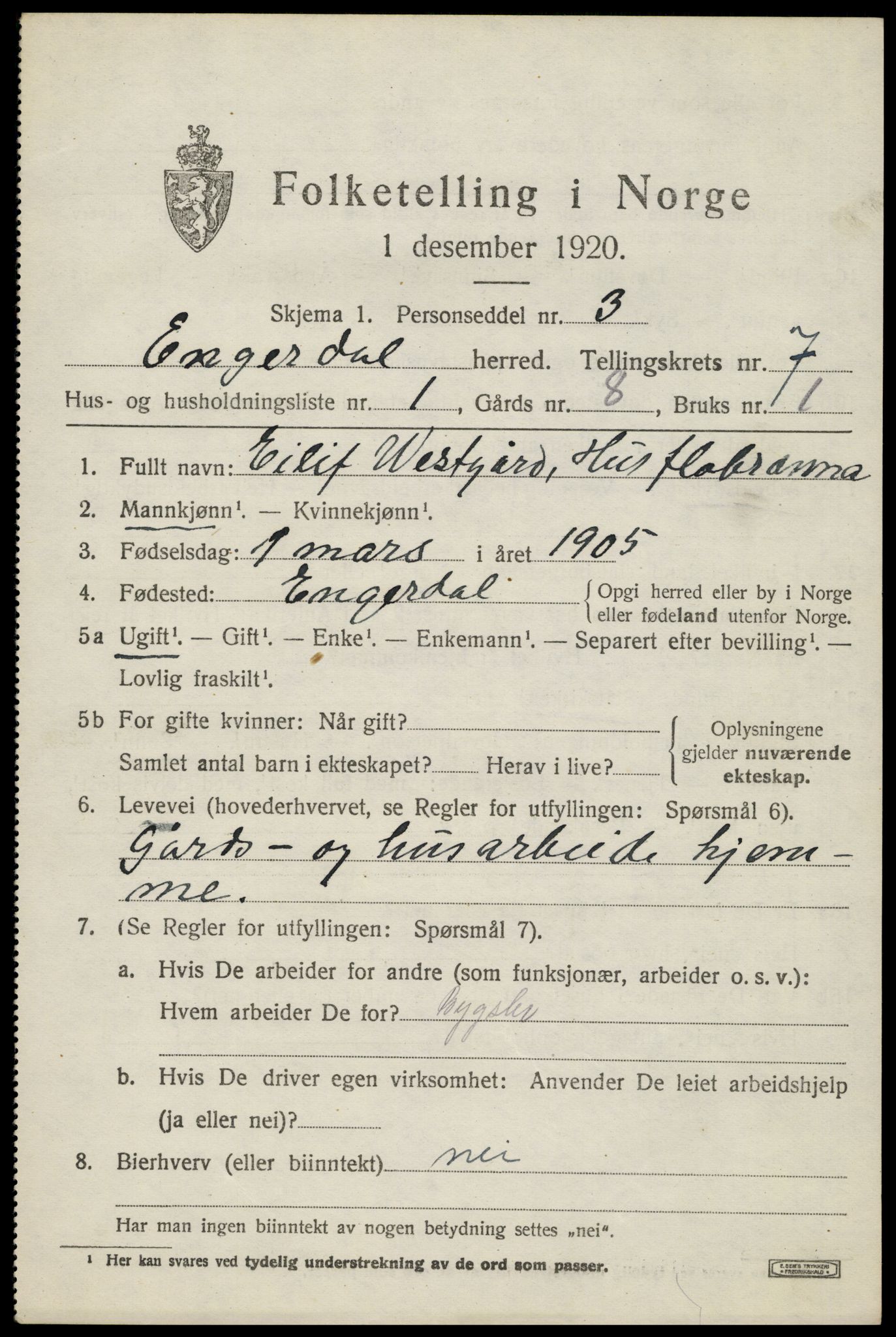 SAH, 1920 census for Engerdal, 1920, p. 2941