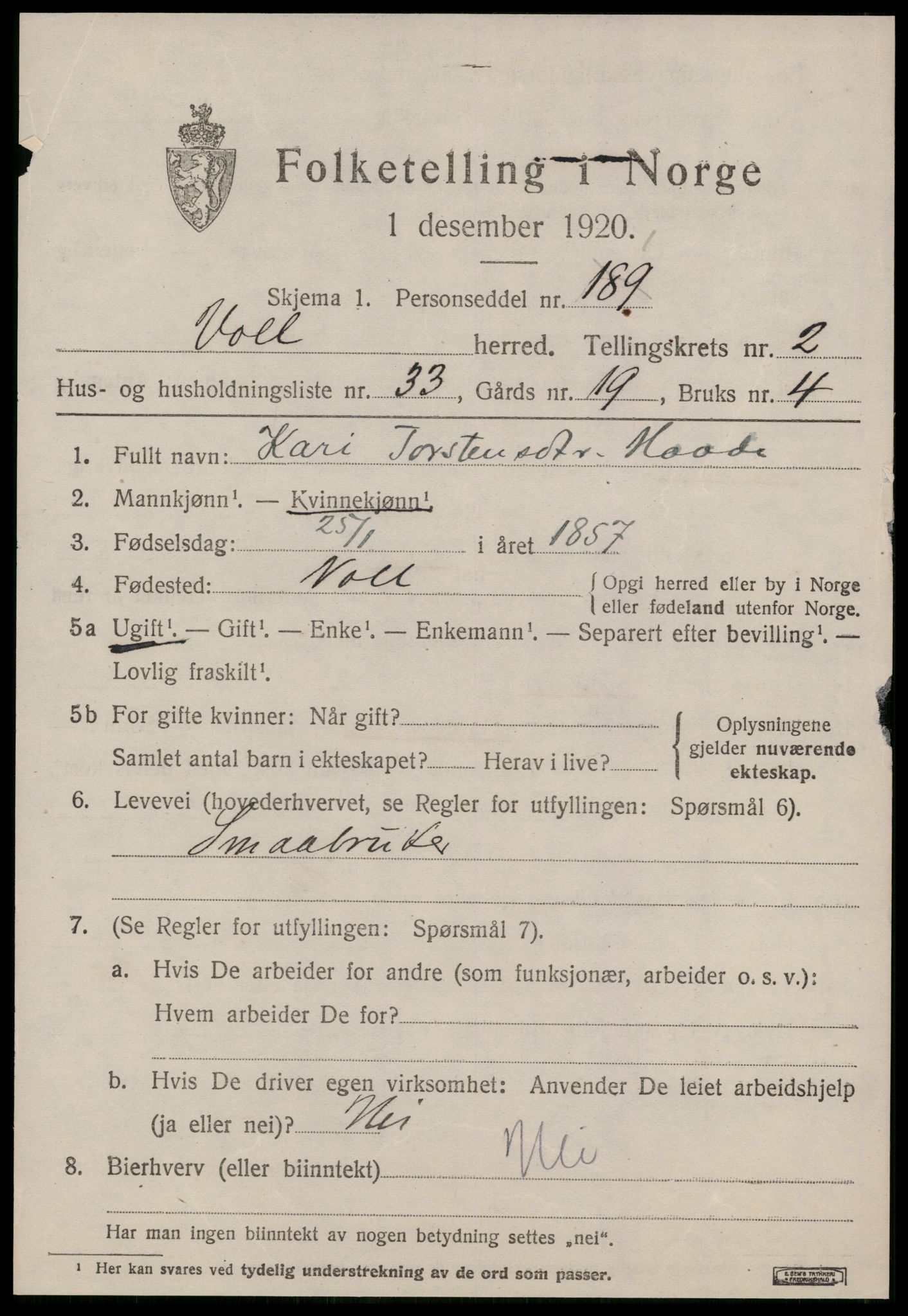 SAT, 1920 census for Voll, 1920, p. 1171