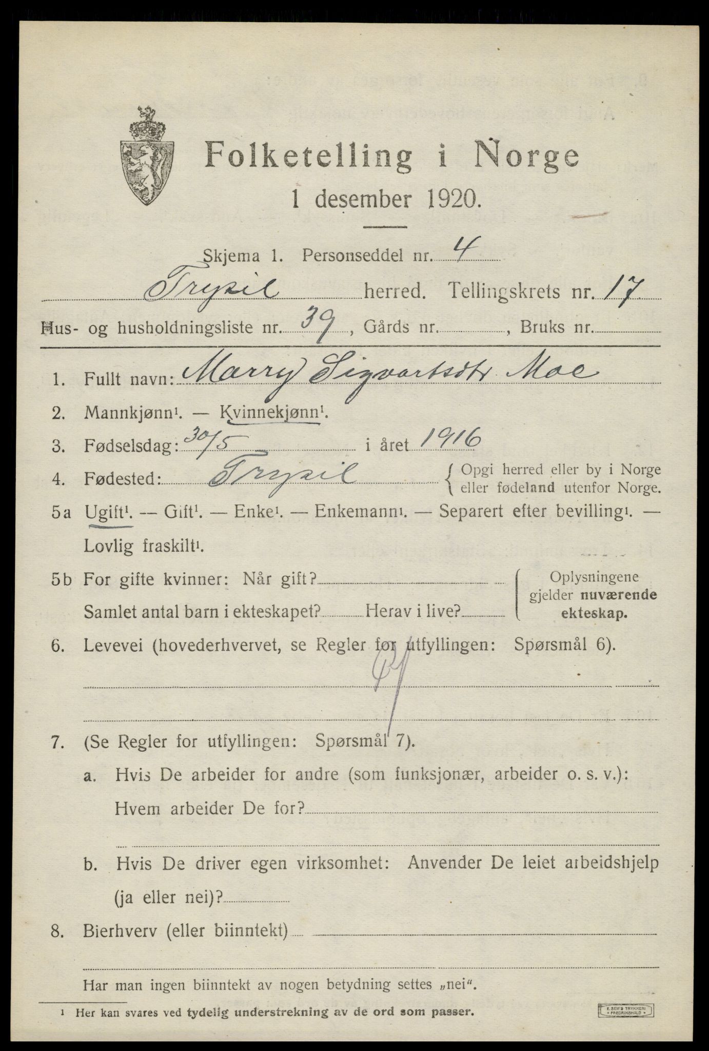 SAH, 1920 census for Trysil, 1920, p. 10655