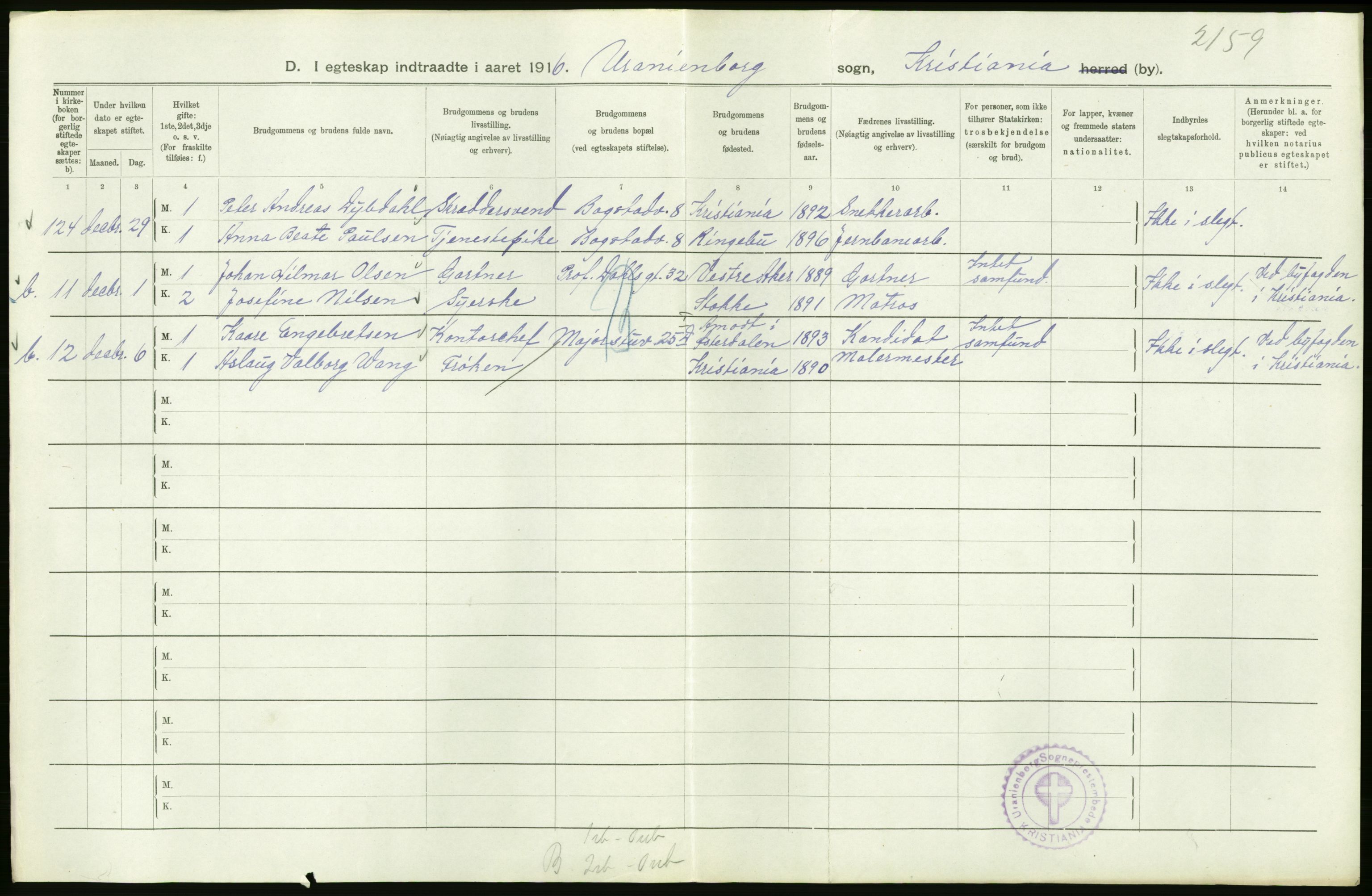 Statistisk sentralbyrå, Sosiodemografiske emner, Befolkning, AV/RA-S-2228/D/Df/Dfb/Dfbf/L0008: Kristiania: Gifte, 1916, p. 316