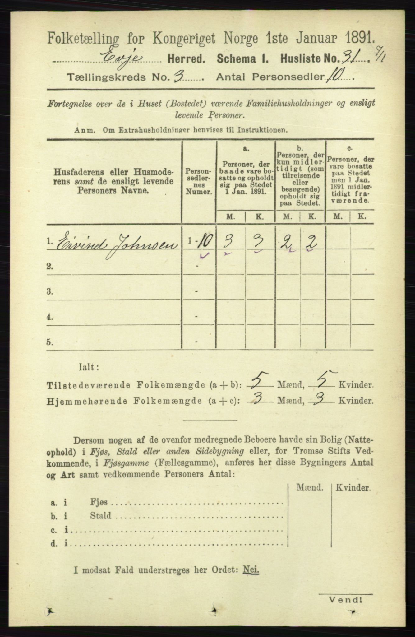 RA, 1891 census for 0937 Evje, 1891, p. 647