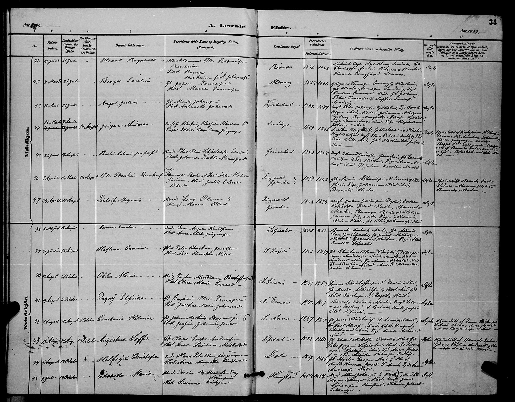 Ministerialprotokoller, klokkerbøker og fødselsregistre - Nordland, AV/SAT-A-1459/805/L0108: Parish register (copy) no. 805C04, 1885-1899, p. 34