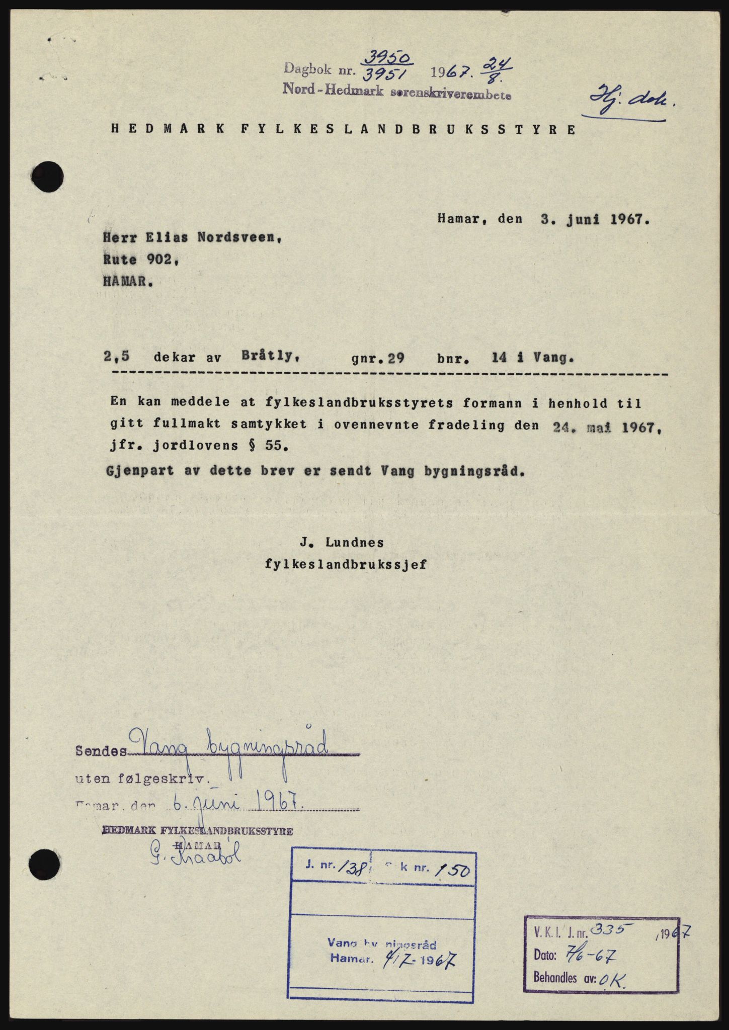 Nord-Hedmark sorenskriveri, SAH/TING-012/H/Hc/L0026: Mortgage book no. 26, 1967-1967, Diary no: : 3950/1967